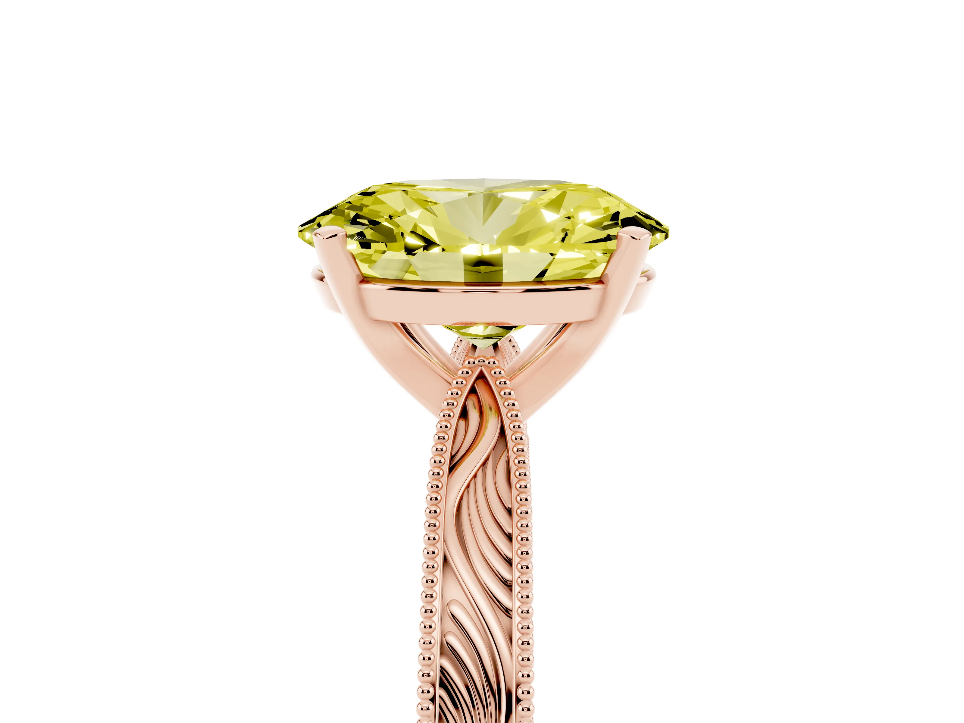 Fancy Yellow Oval Cut Diamond Solitaire Milgrain Engraved Band Set in Rose gold with Prong Setting