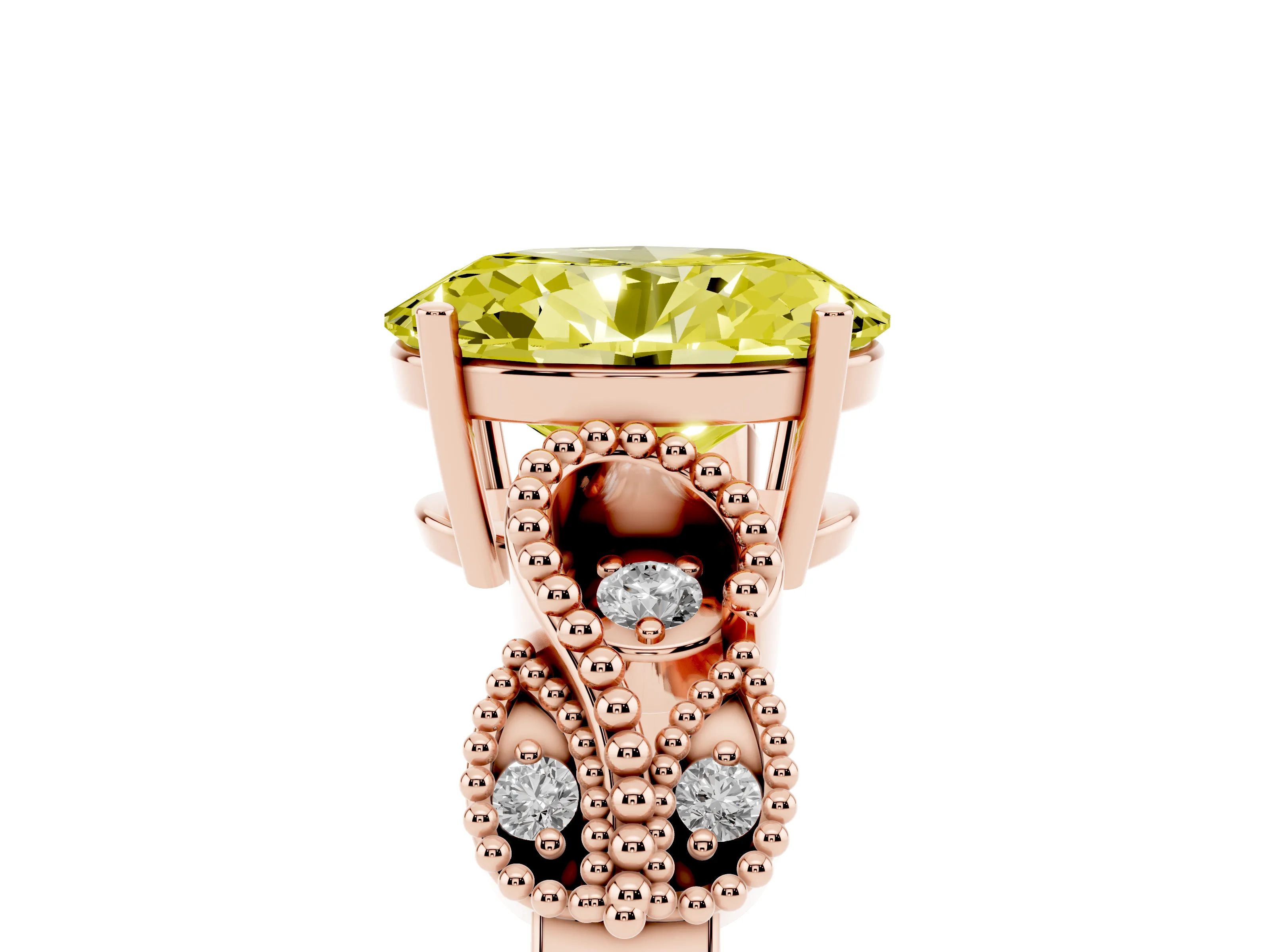 Fancy Yellow Oval Cut Diamond Milgrain Leaf Band Solitaire Ring Set in Rose gold with Accent Stones and Prong Setting