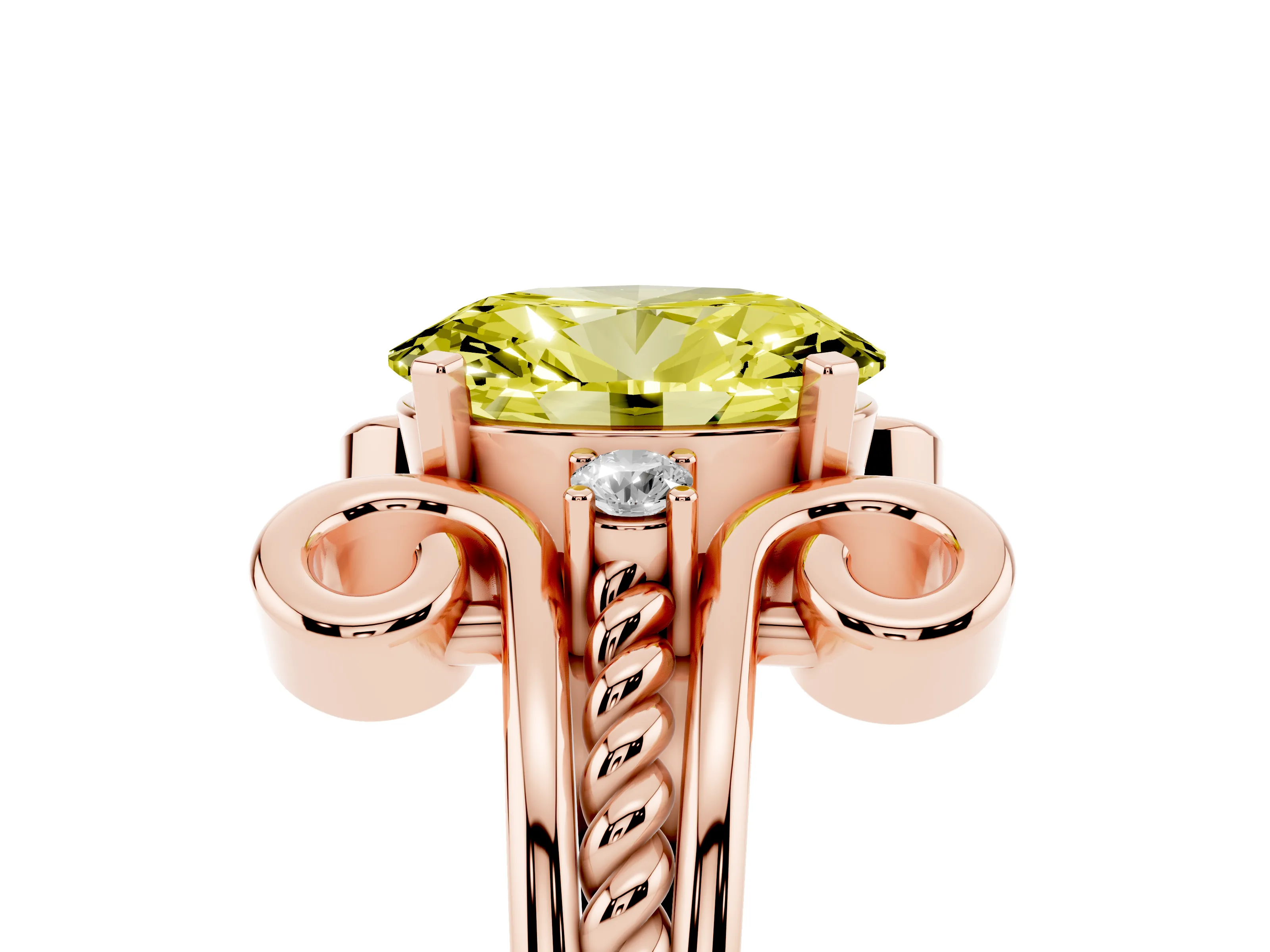 Fancy Yellow Oval Cut Diamond Twisted Band Solitaire Ring Set in Rose gold with Scroll Prongs