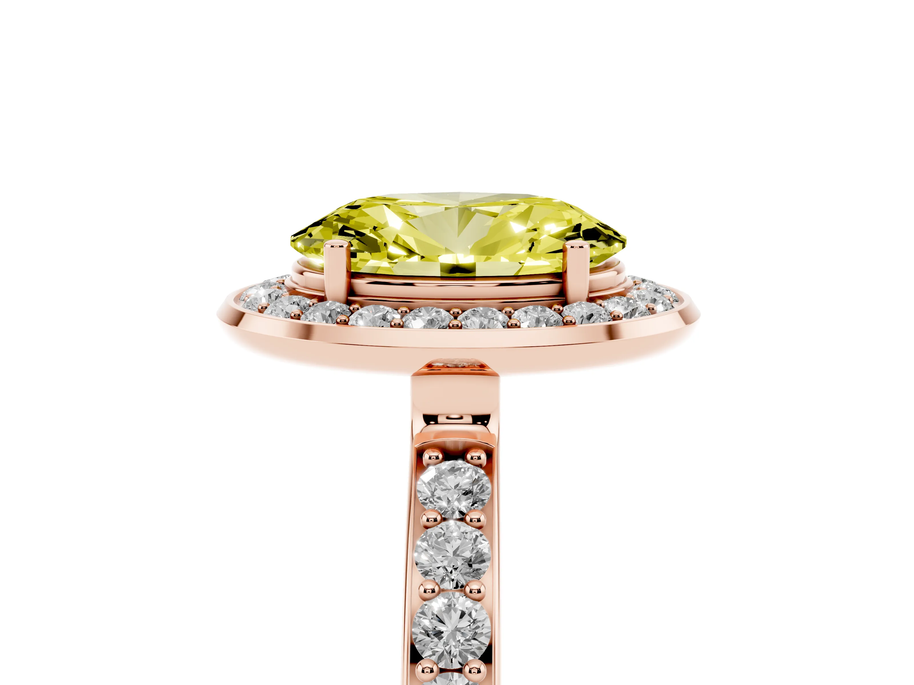 Fancy Yellow Oval Cut Diamond Halo Ring Set in Rose gold with Bezel Frame and Pavé Band