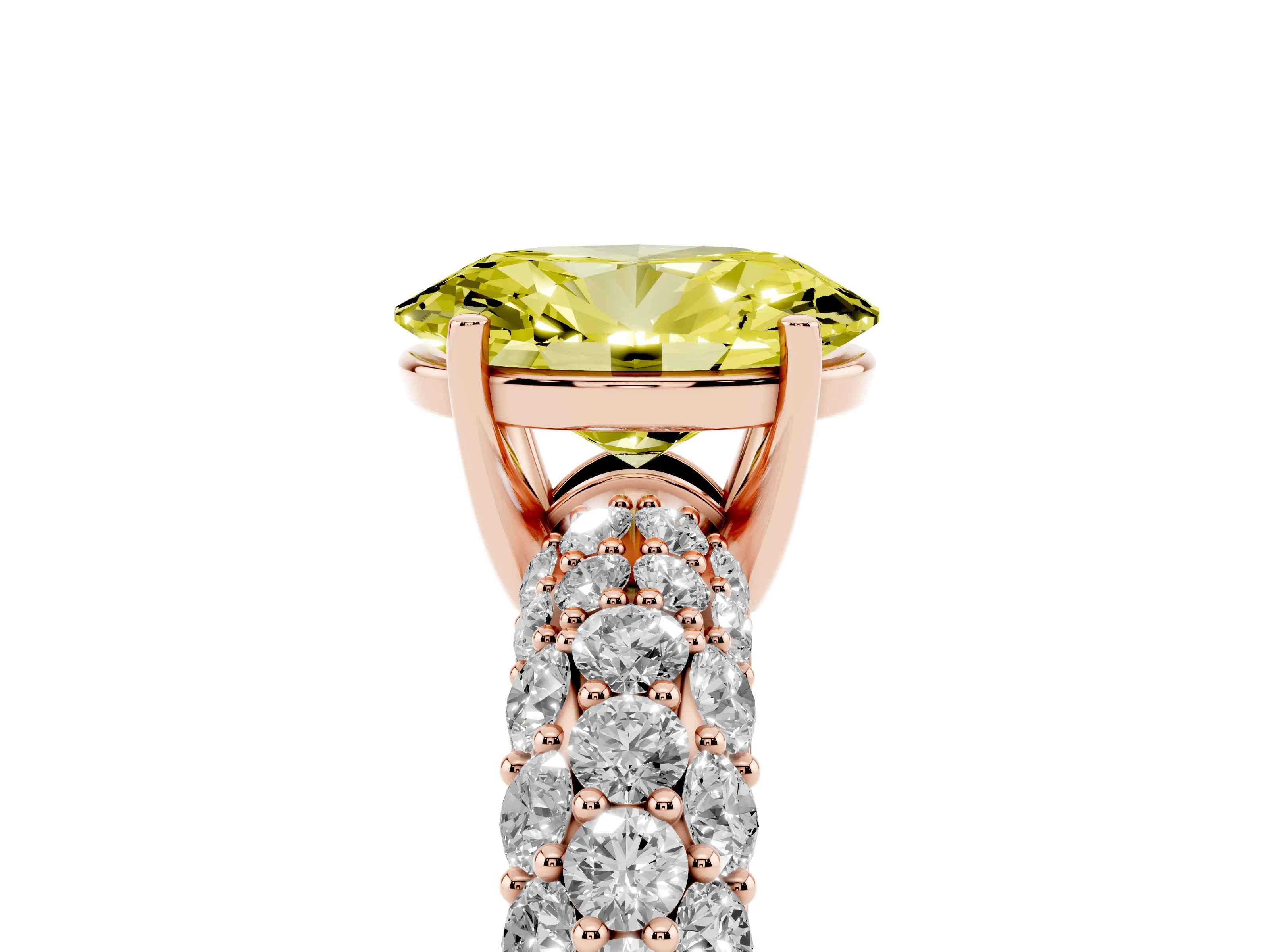 Fancy Yellow Oval Cut Diamond Pavé Band Solitaire Ring Set in Rose gold with Close-Set Accent Stones and Prong Setting