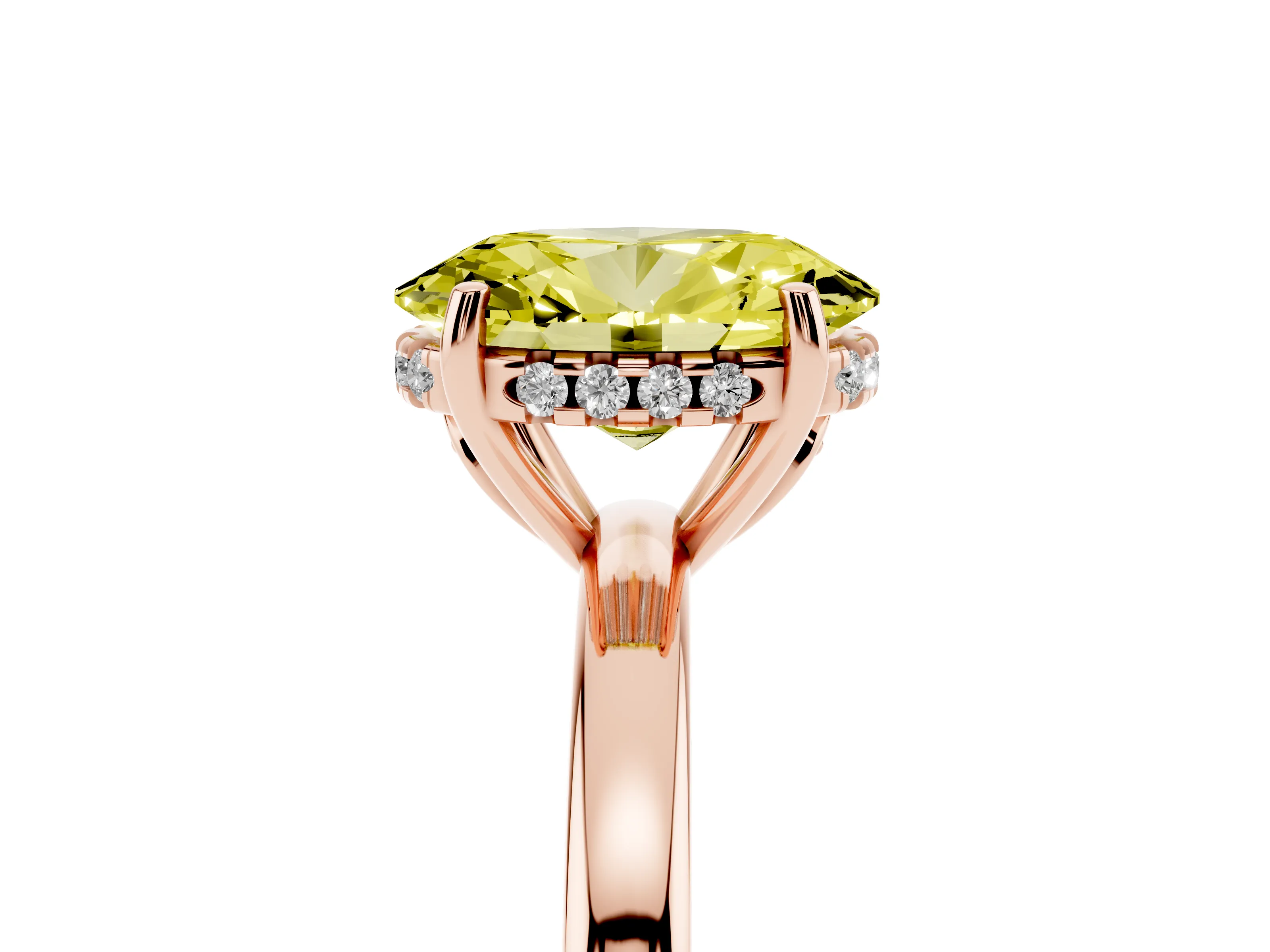 Fancy Yellow Oval Cut Diamond Solitaire Ring Set in Rose gold with Plain Band and Prong Setting