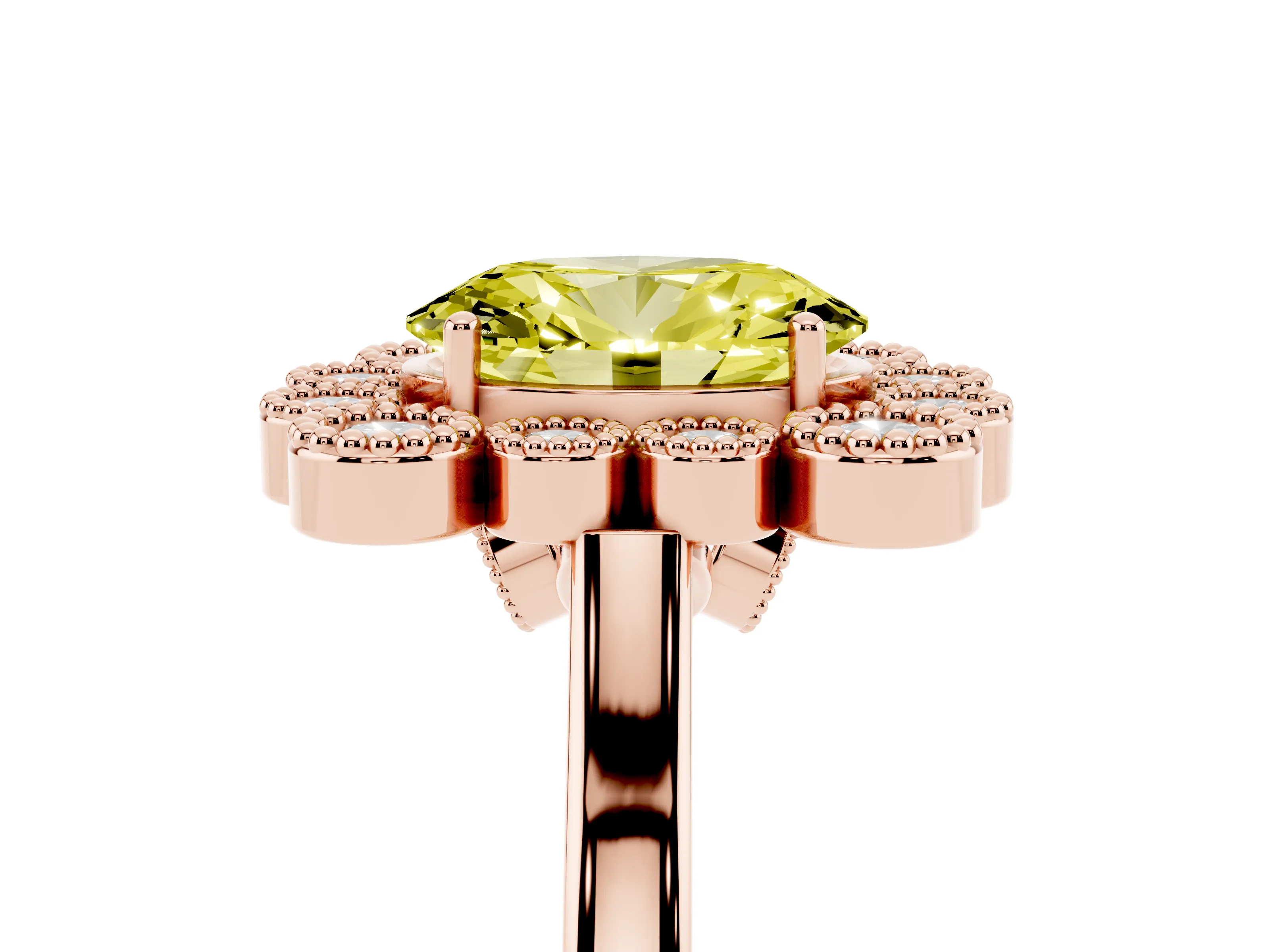 Fancy Yellow Oval Cut Diamond Cluster Halo Ring Set in Rose gold with Milgrain Bezel Accents and Plain Band