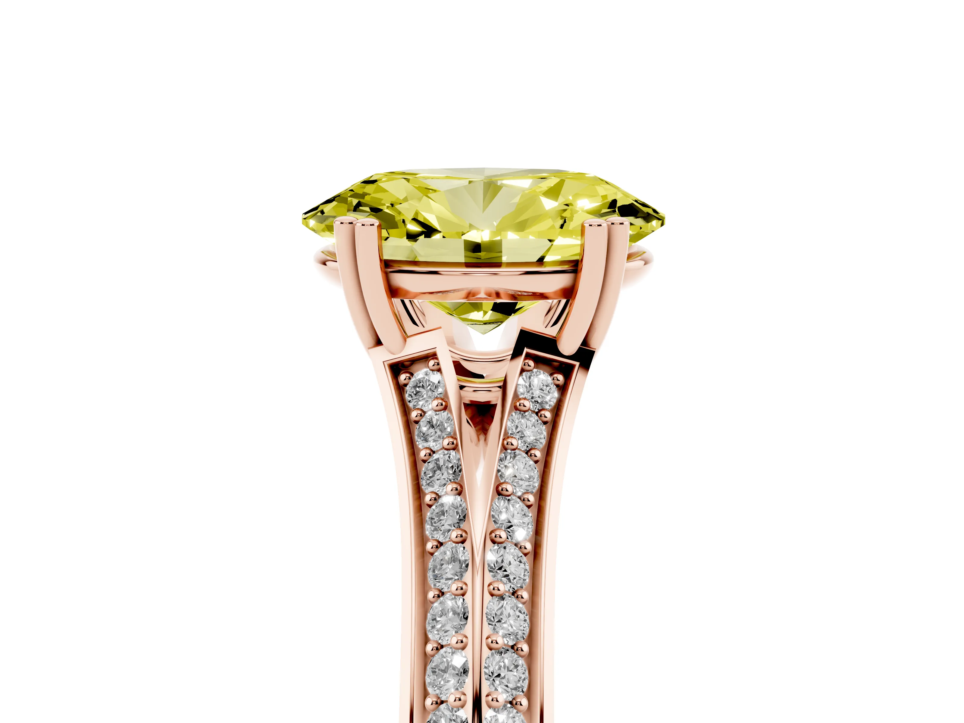 Fancy Yellow Oval Cut Diamond Split Shank Pavé Engagement Ring Set in Rose gold with Prong-Set Center Stone