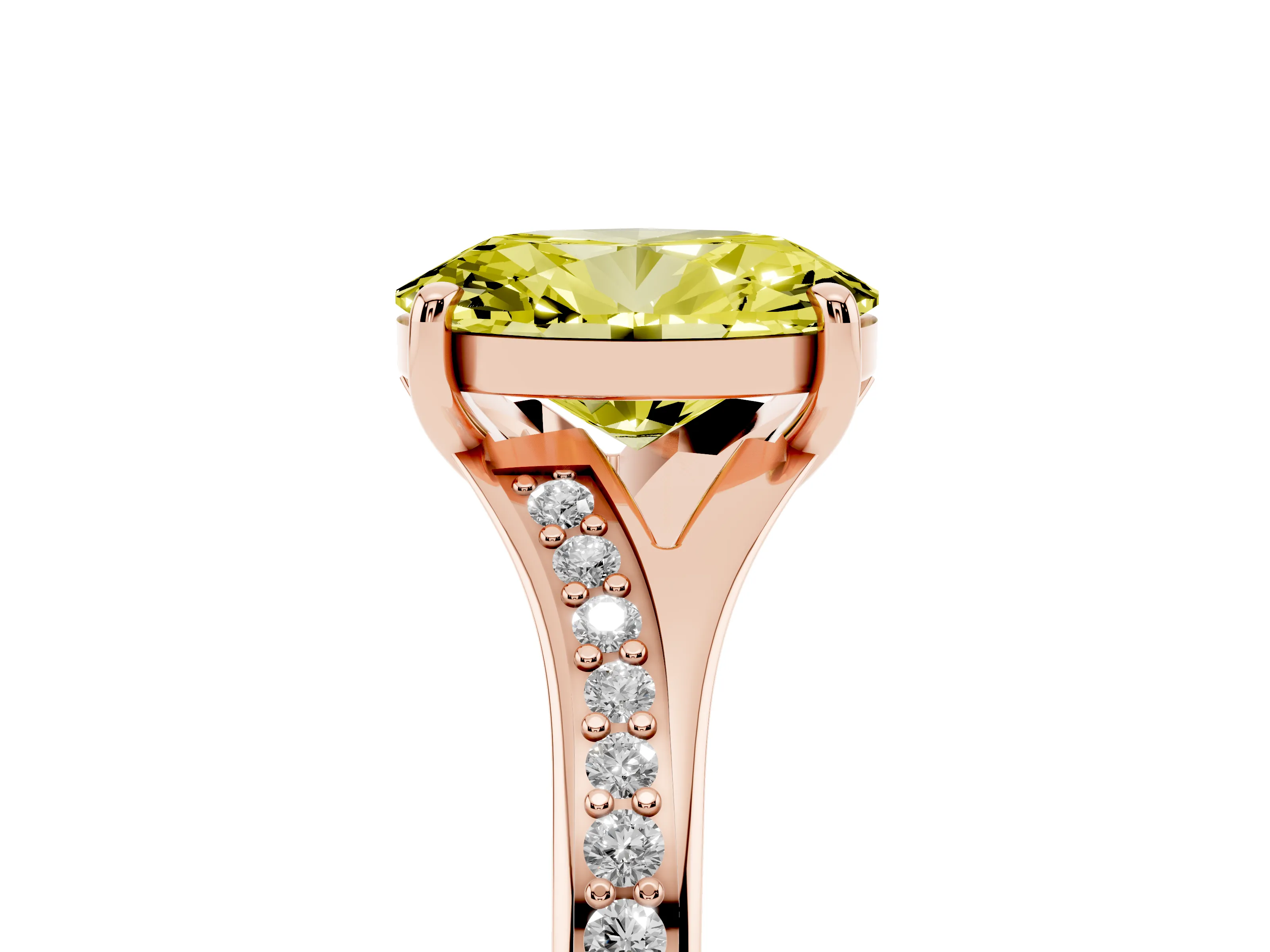 Fancy Yellow Oval Cut Diamond Solitaire Ring Set in Rose gold with Pavé Accent Band and Classic Prong Setting