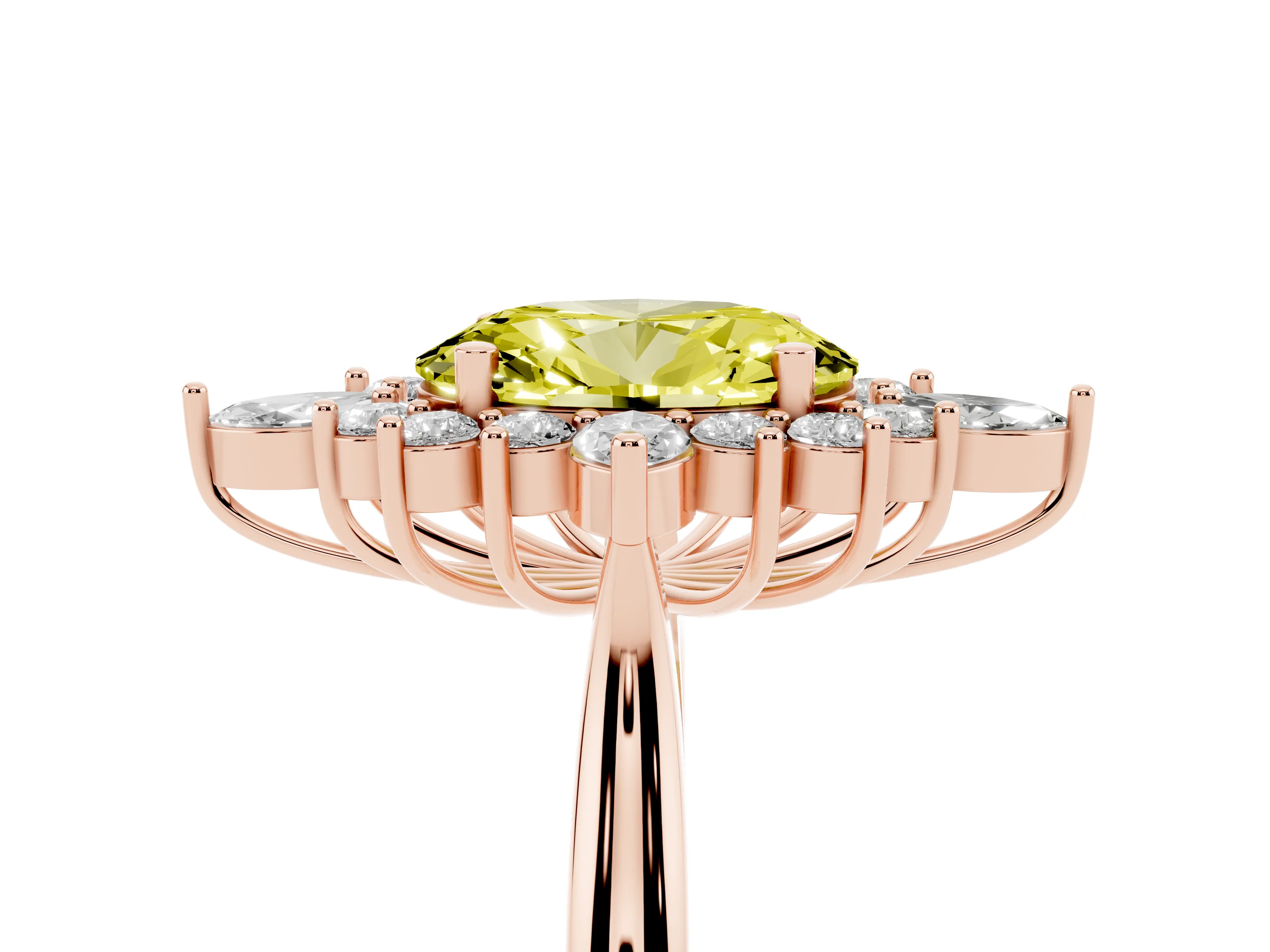 Fancy Yellow Oval Cut Diamond Cluster Halo Ring Set in Rose gold with Marquise and Round Accents