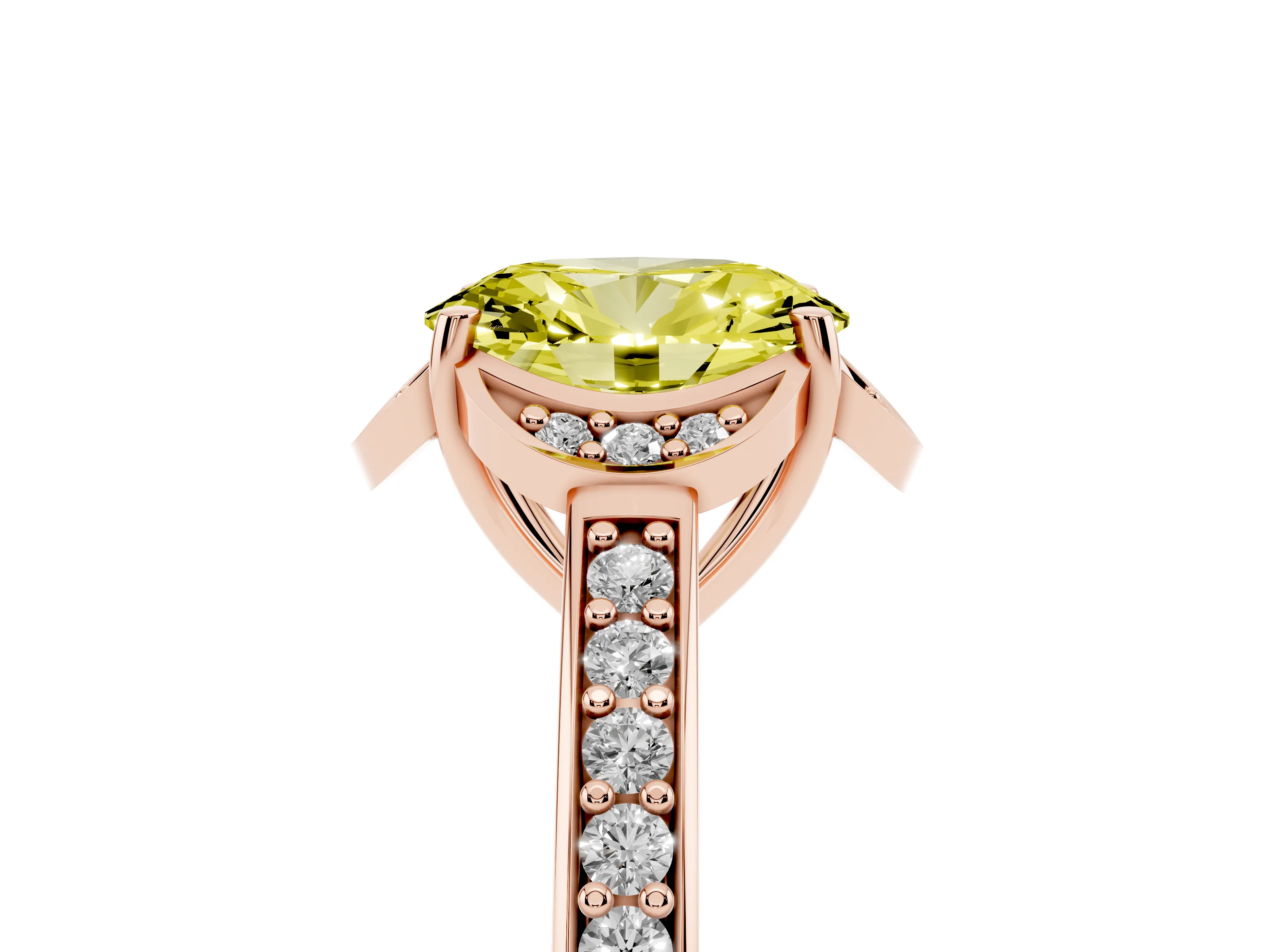 Fancy Yellow Oval Cut Diamond Halo Ring Set in Rose gold with Channel Set Band and Prong Setting