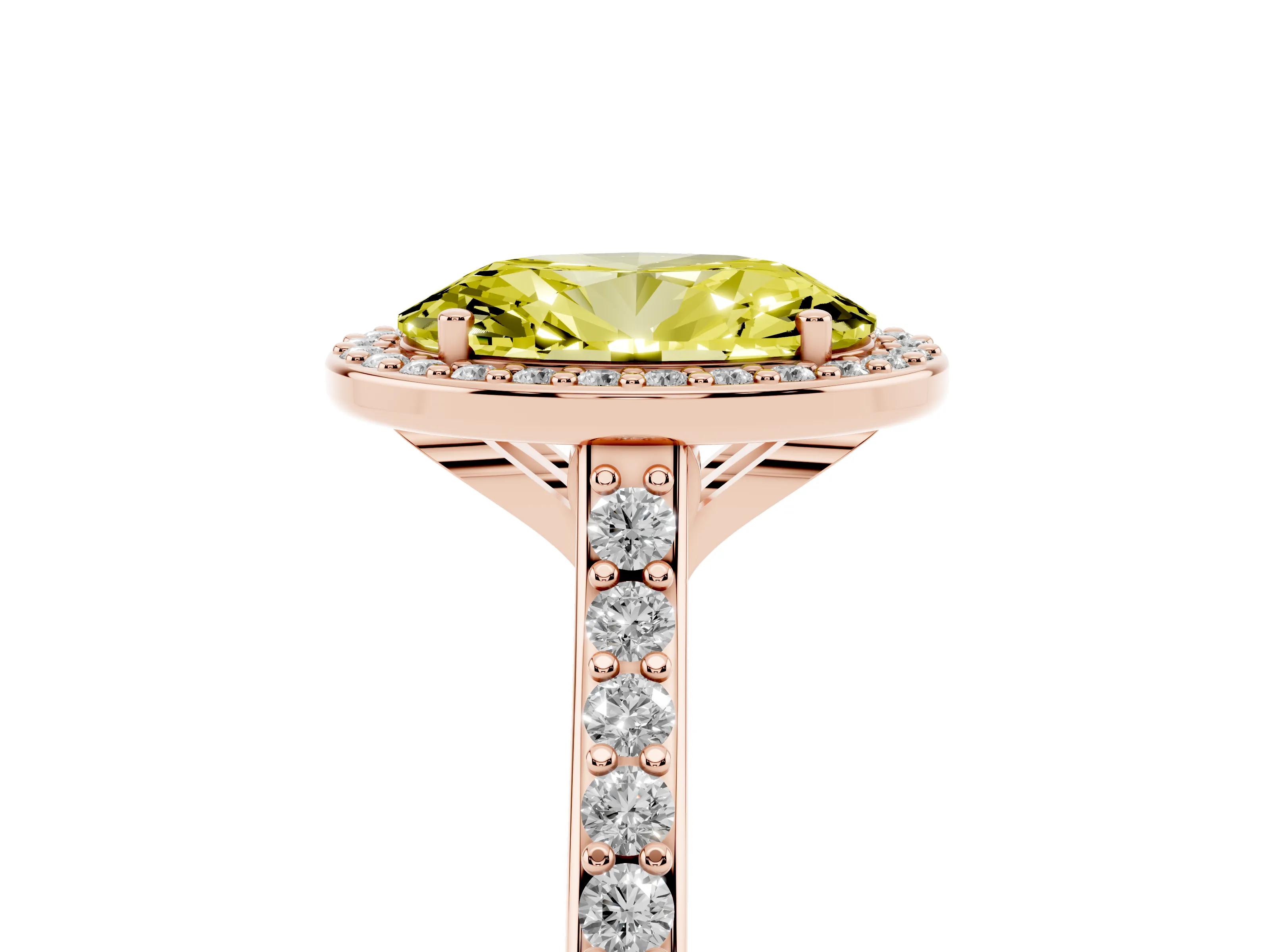 Fancy Yellow Oval Cut Diamond Halo Engagement Ring Set in Rose gold with Round Pavé Shoulders and Heart Gallery