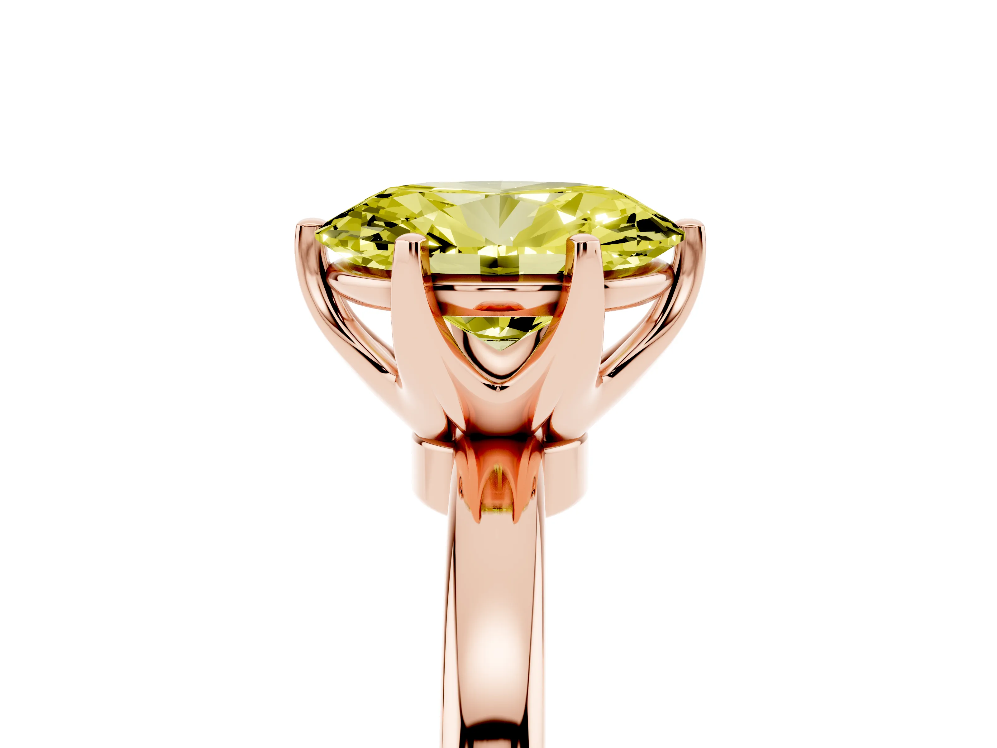 Fancy Yellow Oval Cut Diamond Solitaire Ring Set in Rose gold with Raised Prong Setting on a Classic Band