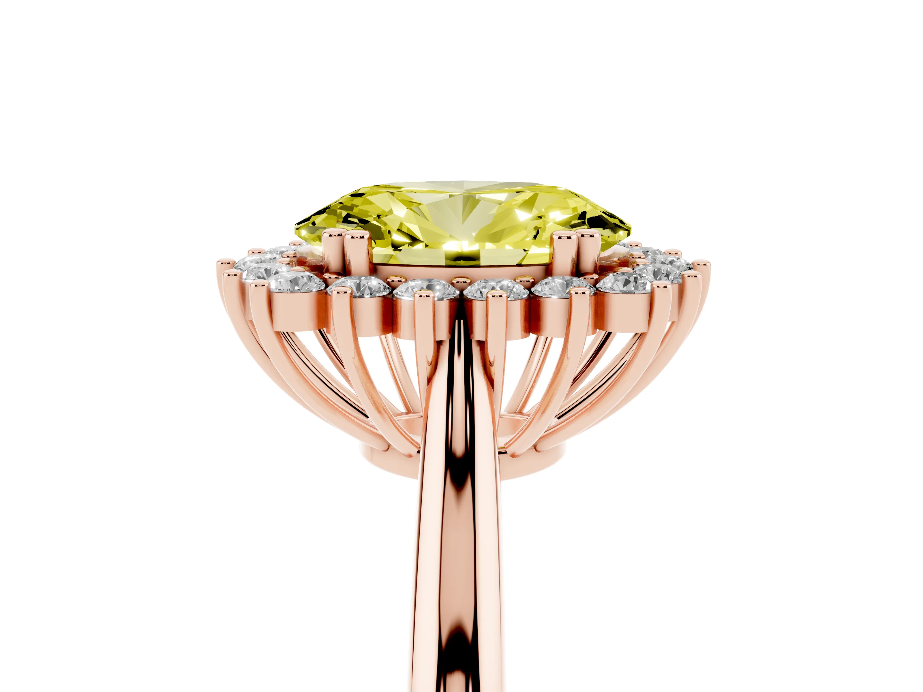 Fancy Yellow Oval Cut Diamond Halo Ring Set in Rose gold with Plain Solitaire Band and Prong Setting