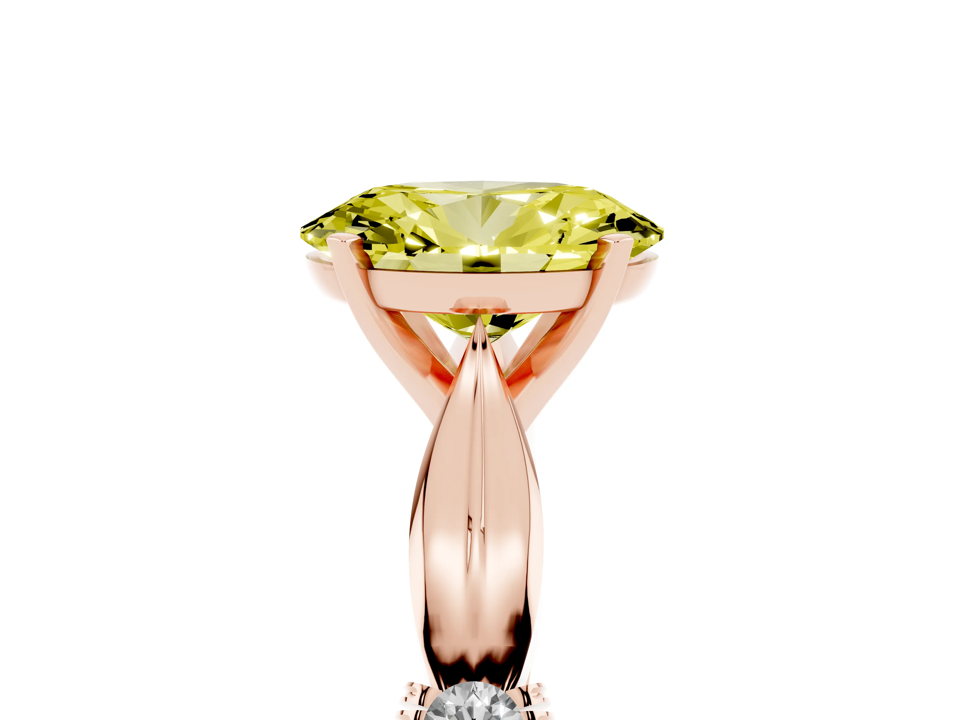 Fancy Yellow Oval Cut Diamond Solitaire Twisted Band Ring Set in Rose gold with Accent Stones and Prong Setting