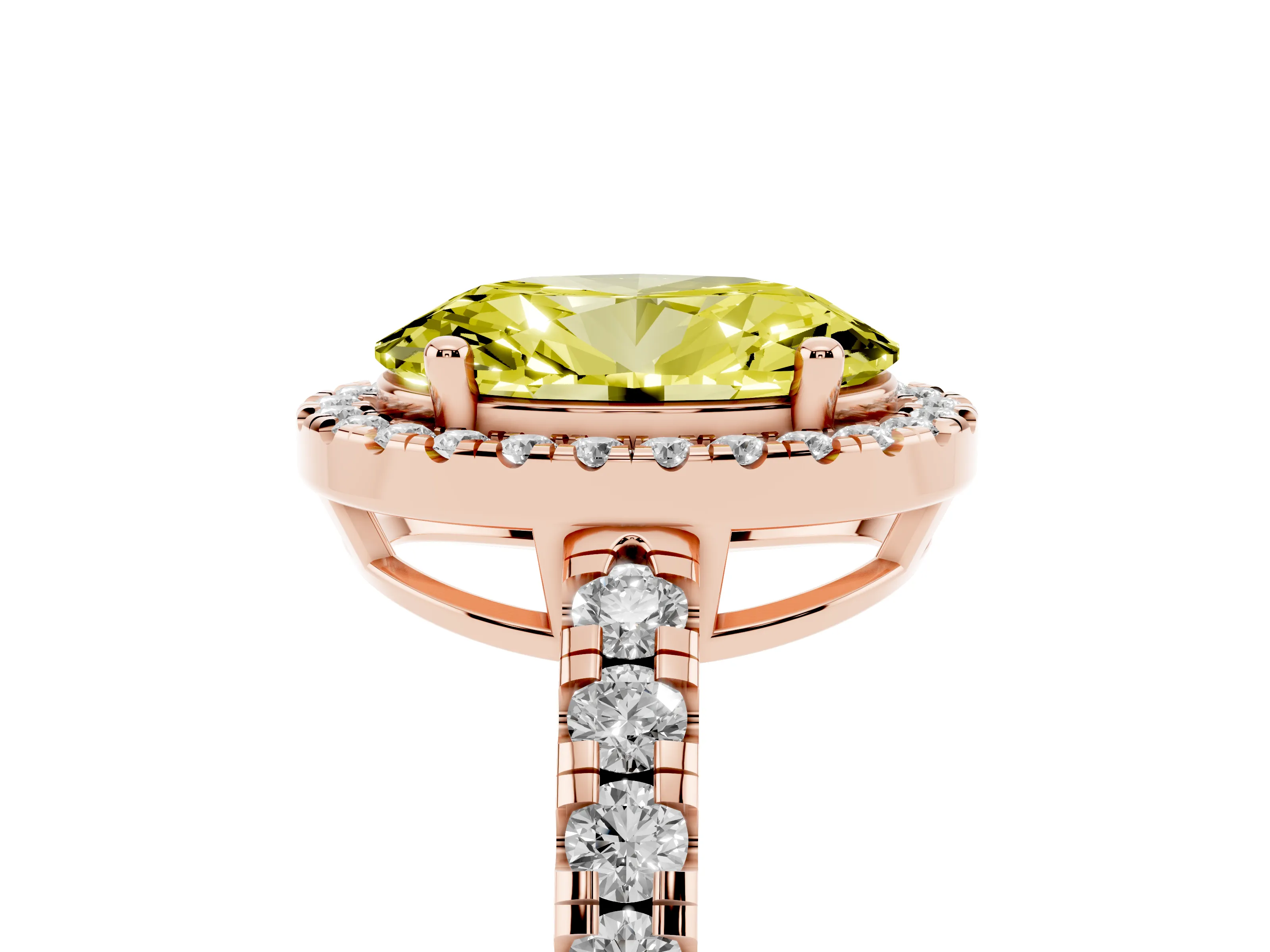 Fancy Yellow Oval Cut Diamond Halo Ring Set in Rose gold with Delicate Pavé Band and Prong Setting