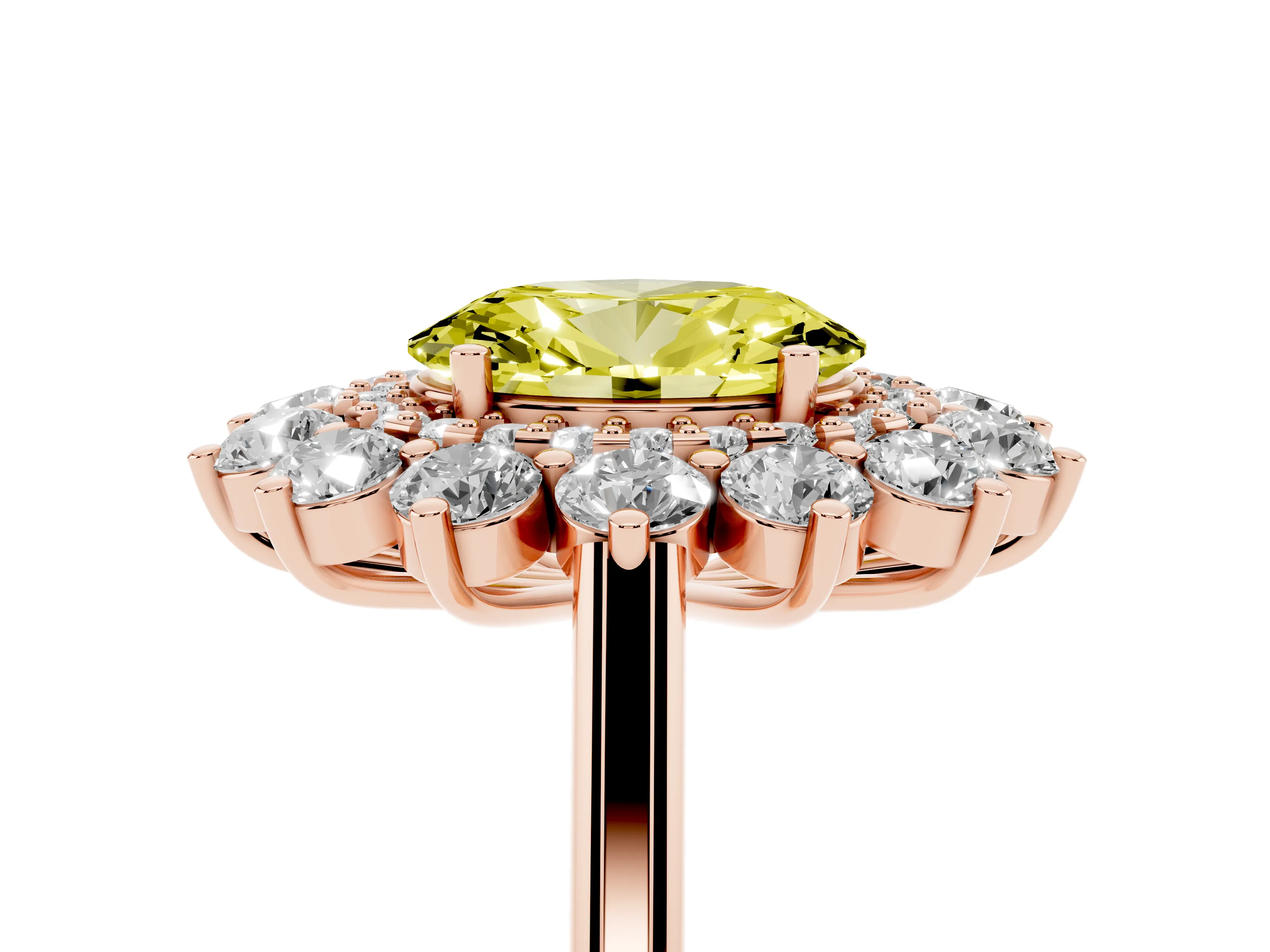 Fancy Yellow Oval Cut Diamond Floral Double Halo Ring Set in Rose gold with Round Petals