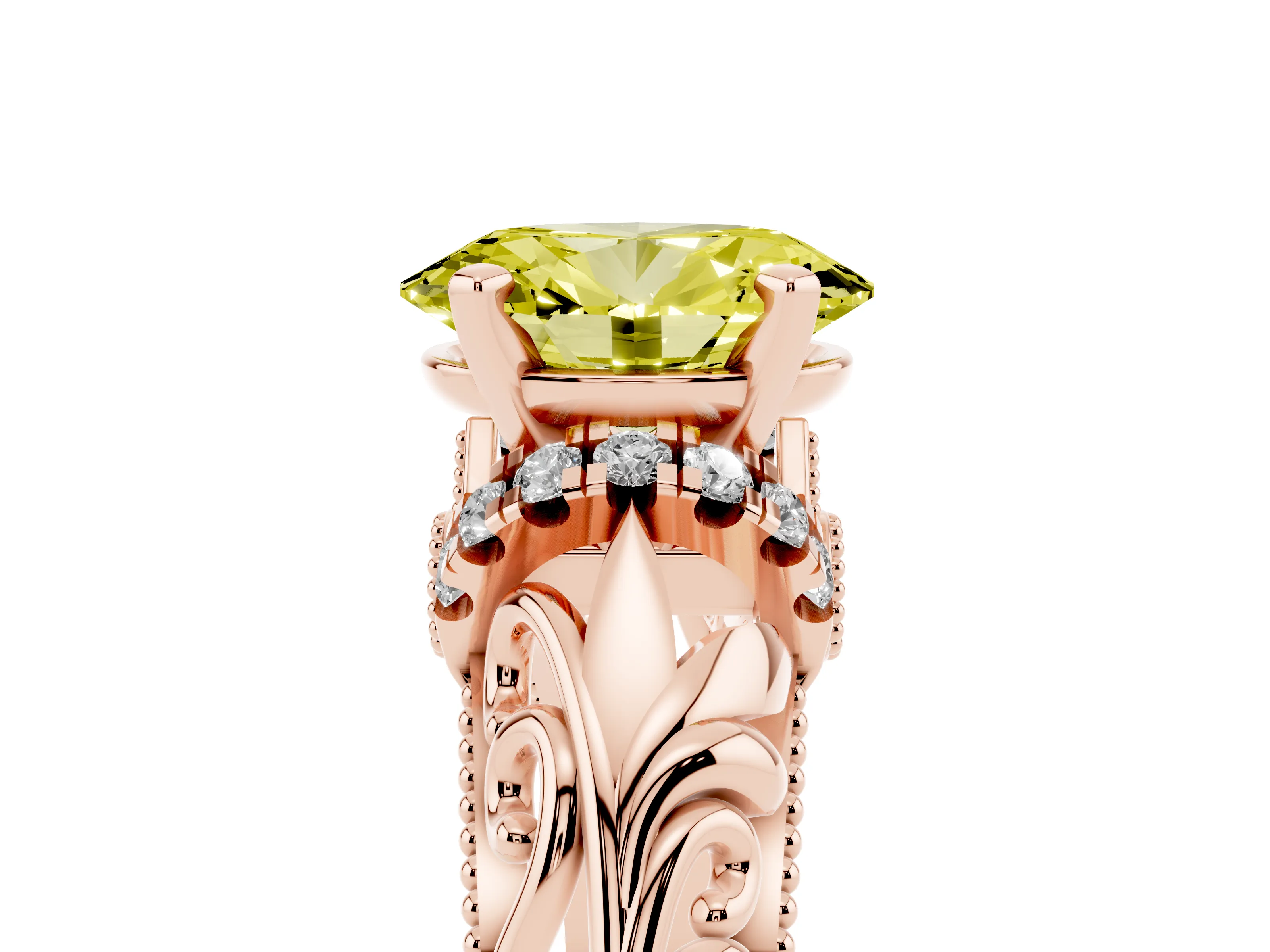 Fancy Yellow Oval Cut Diamond Filigree Halo Engagement Ring Set in Rose gold with Prong Setting