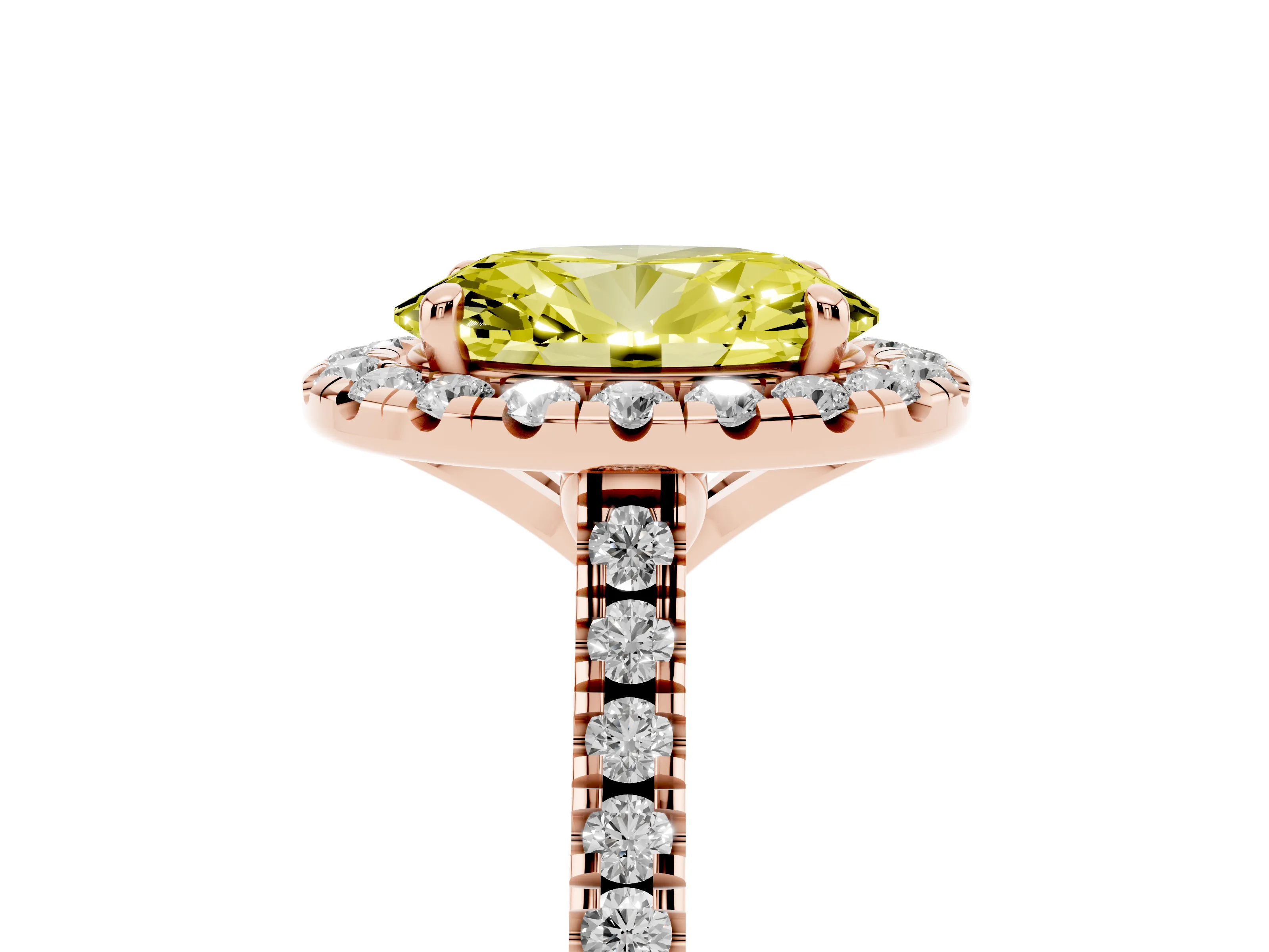 Fancy Yellow Oval Cut Diamond Cushion Halo Ring Set in Rose gold with Pavé Band