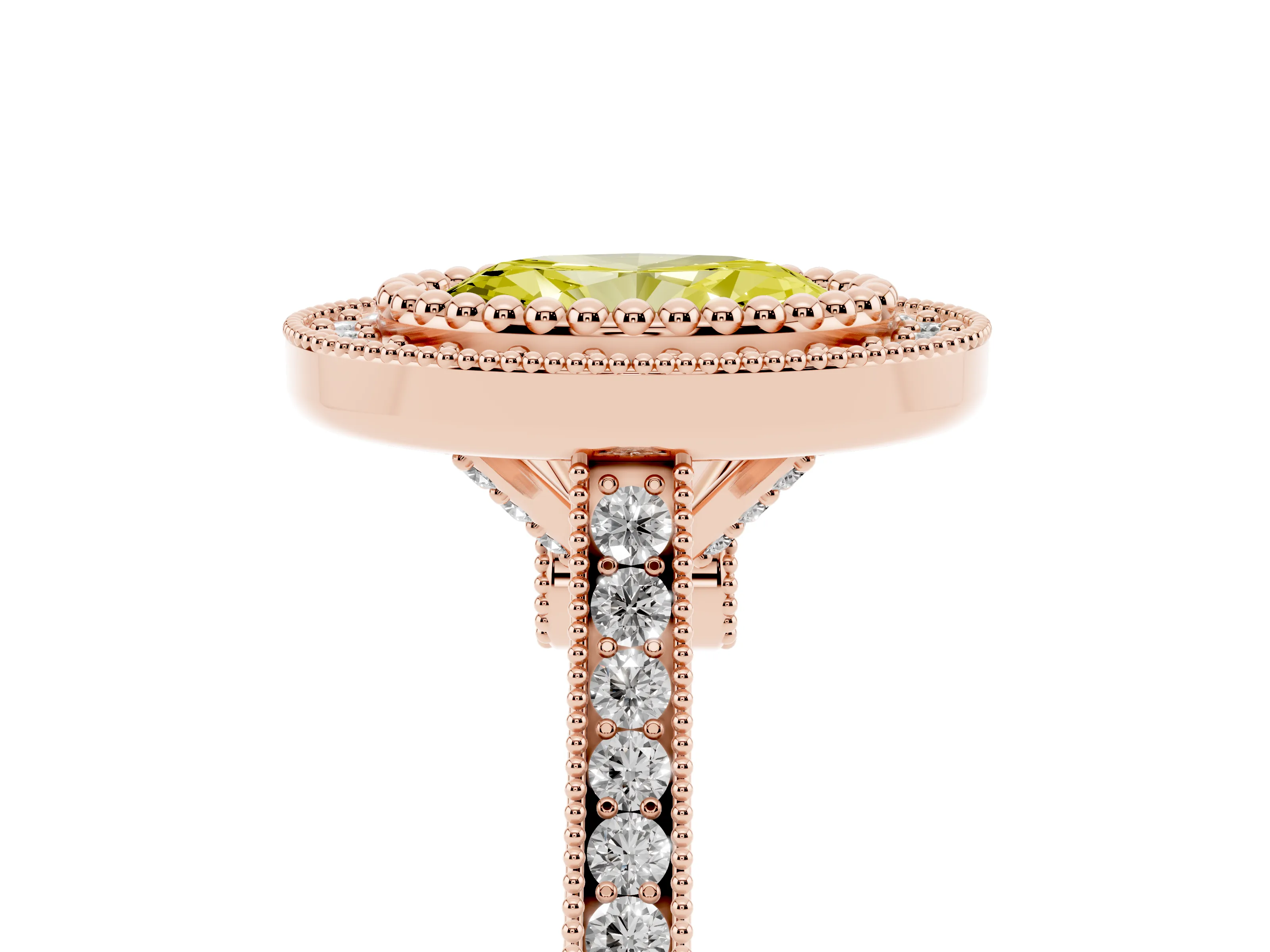 Fancy Yellow Oval Cut Diamond Halo Ring Set in Rose gold with Milgrain Frame and Pavé Band
