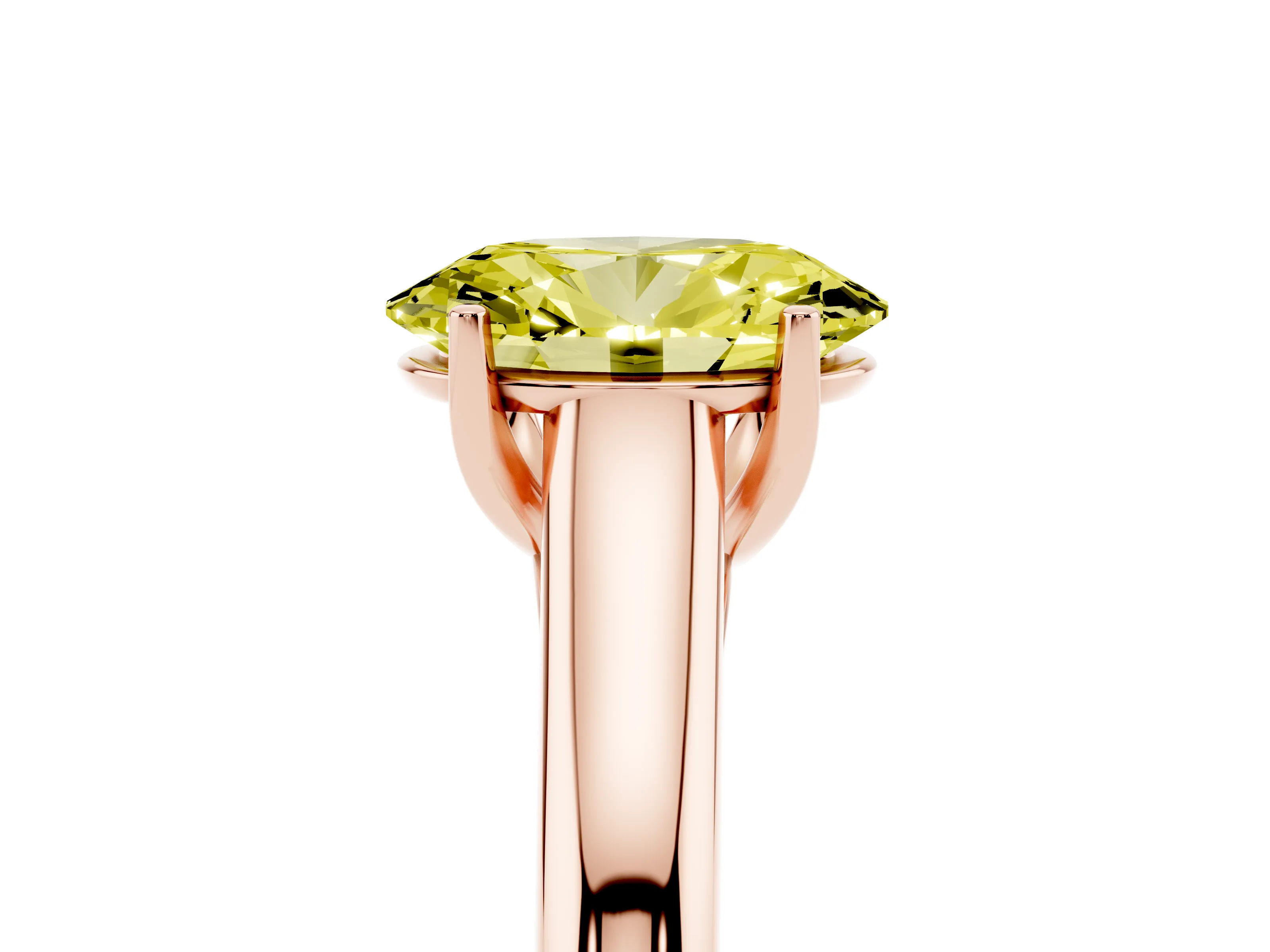 Fancy Yellow Oval Cut Diamond Solitaire Engagement Ring Set in Rose gold with Subtly Tapered Band and Prong Setting