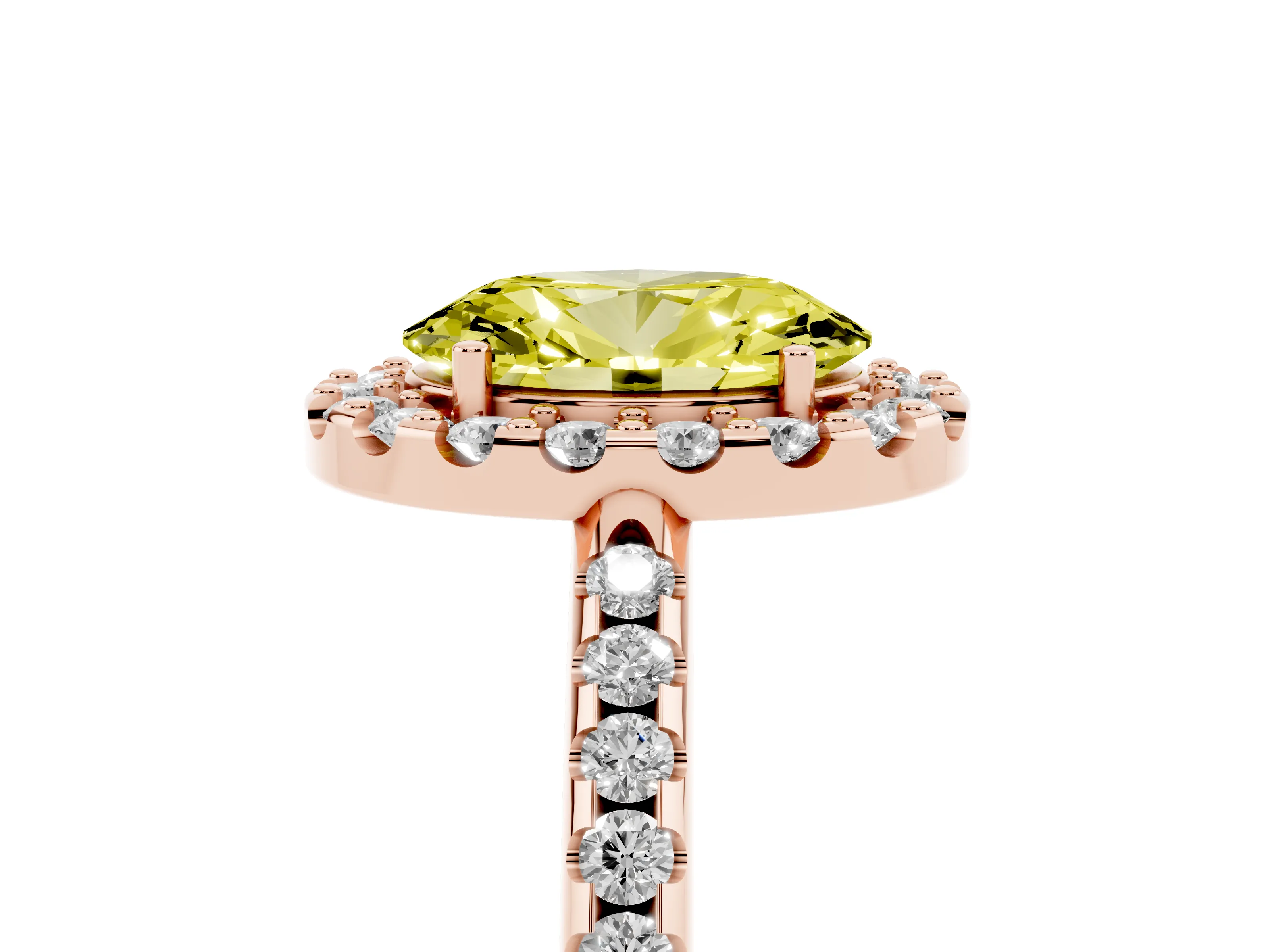 Fancy Yellow Oval Cut Diamond Pavé Halo Ring Set in Rose gold with Prong Setting