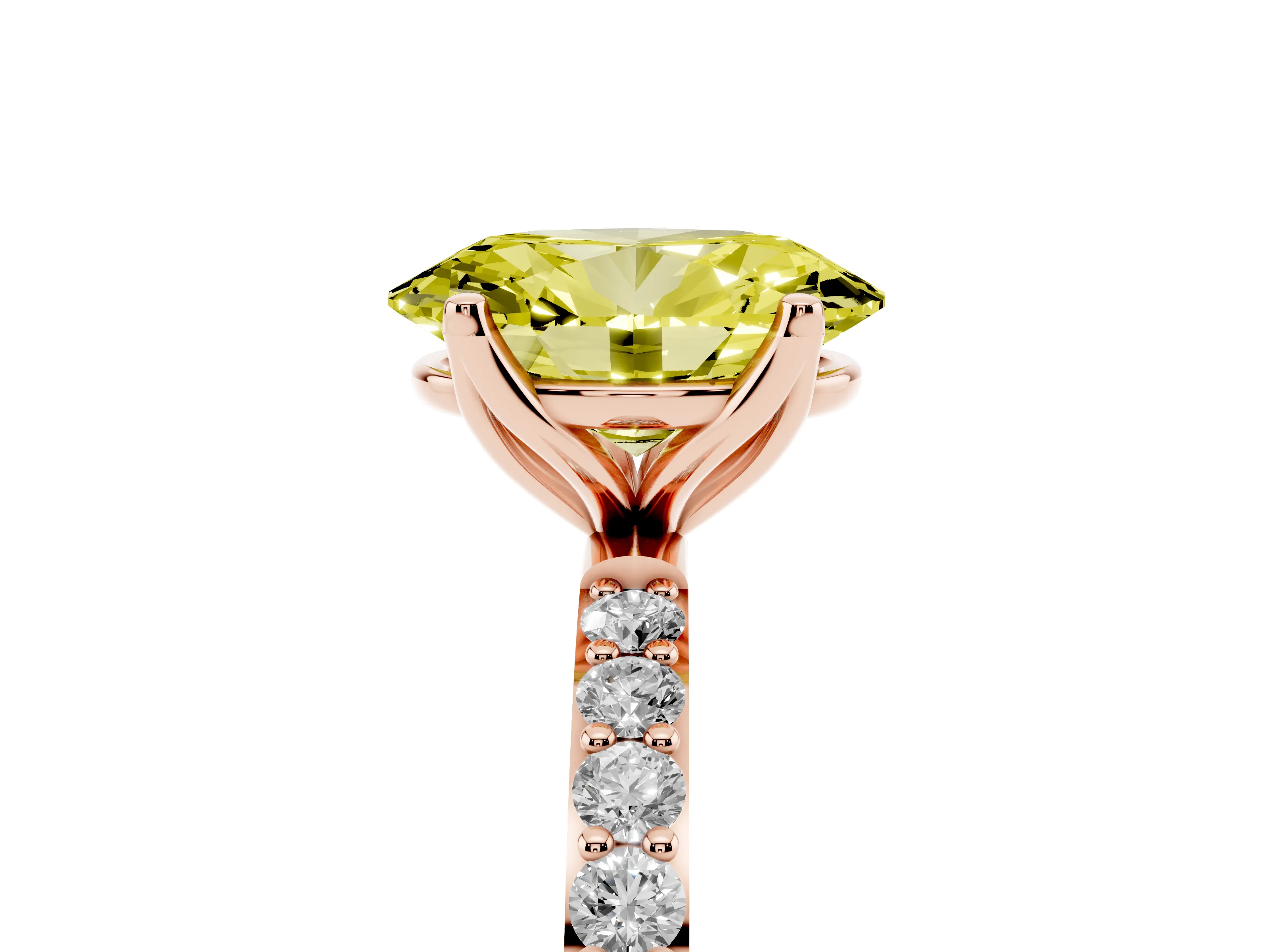 Fancy Yellow Oval Cut Diamond Solitaire Engagement Ring Set in Rose gold with Round Pavé Band and Prong Setting