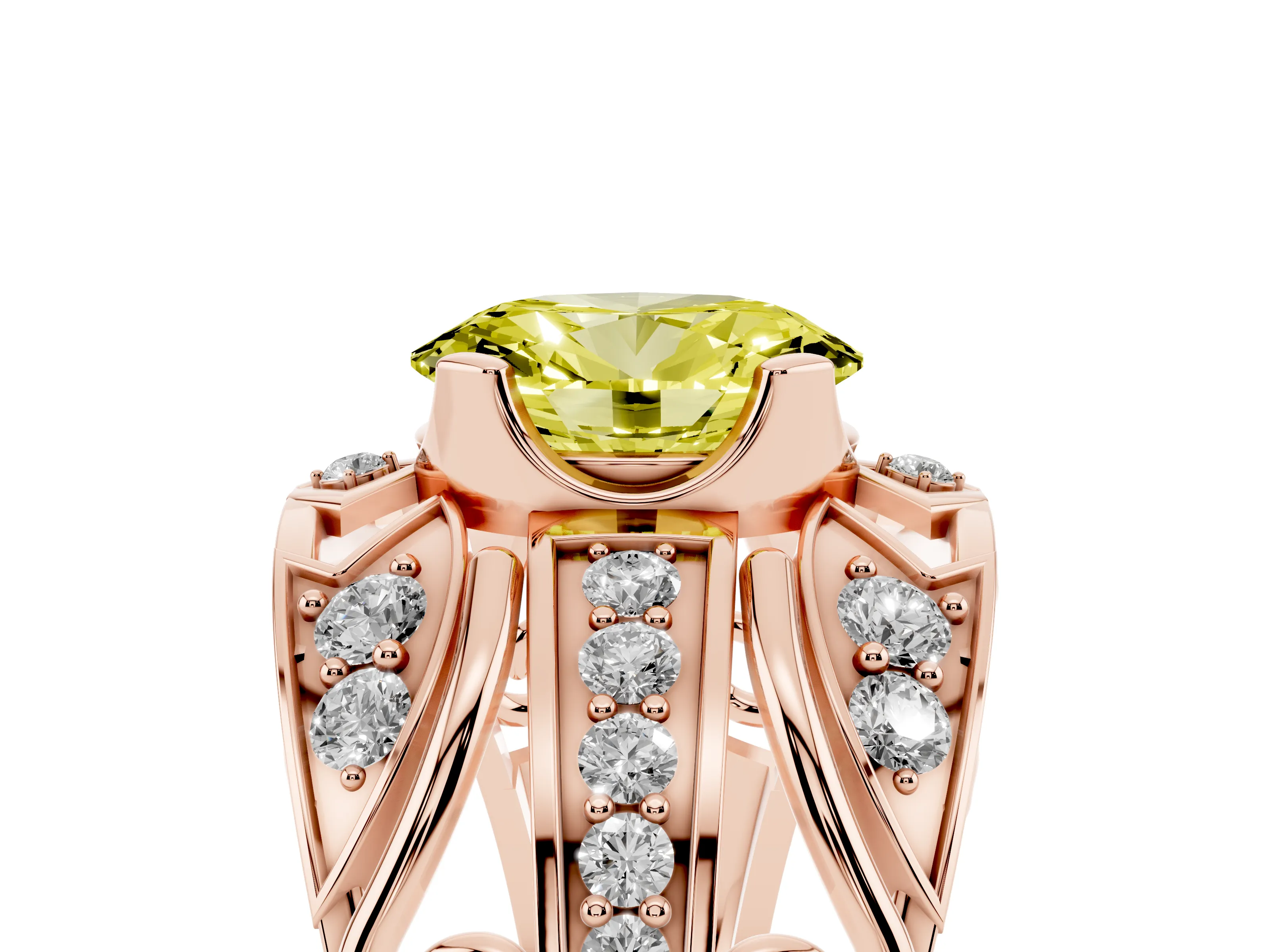 Fancy Yellow Oval Cut Diamond Art Deco Ring Set in Rose gold with Pavé Split Shank
