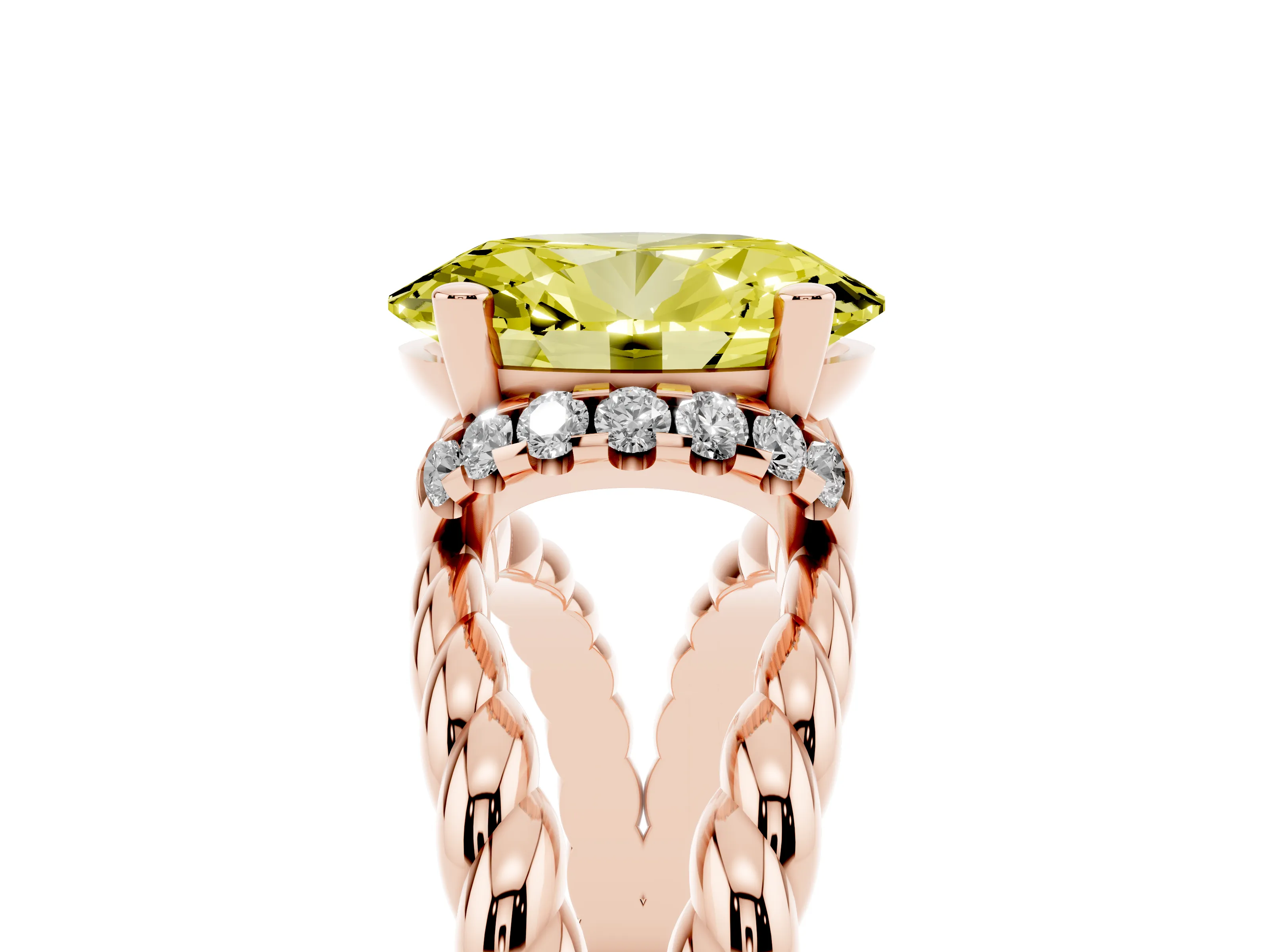 Fancy Yellow Oval Cut Diamond Halo Ring Set in Rose gold with Twisted Band and Prong Setting