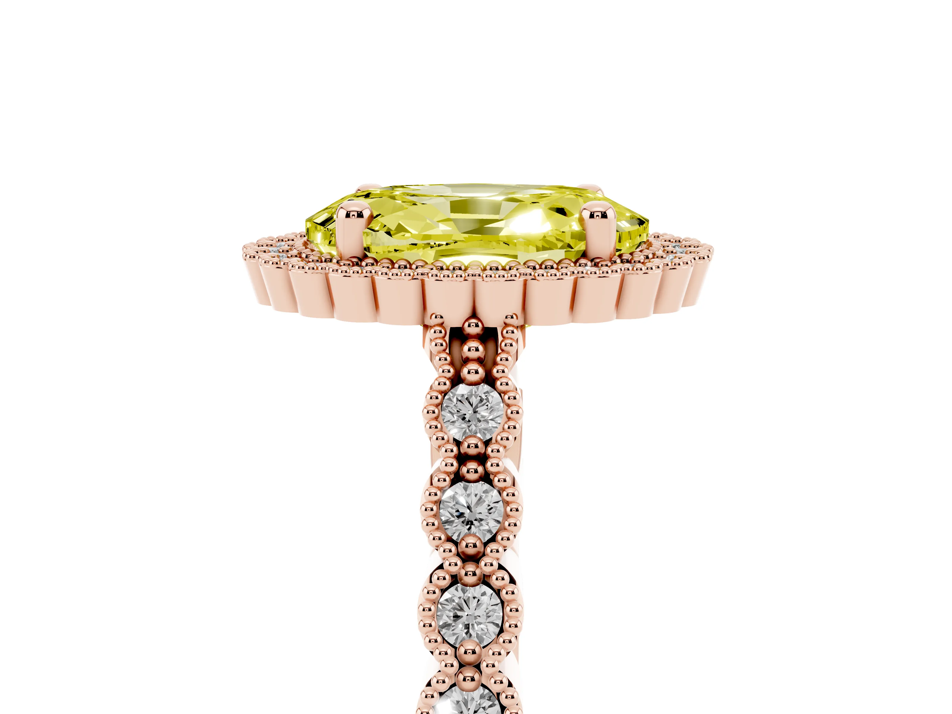 Fancy Yellow Oval Cut Diamond Halo Ring Set in Rose gold with Pavé Milgrain Band