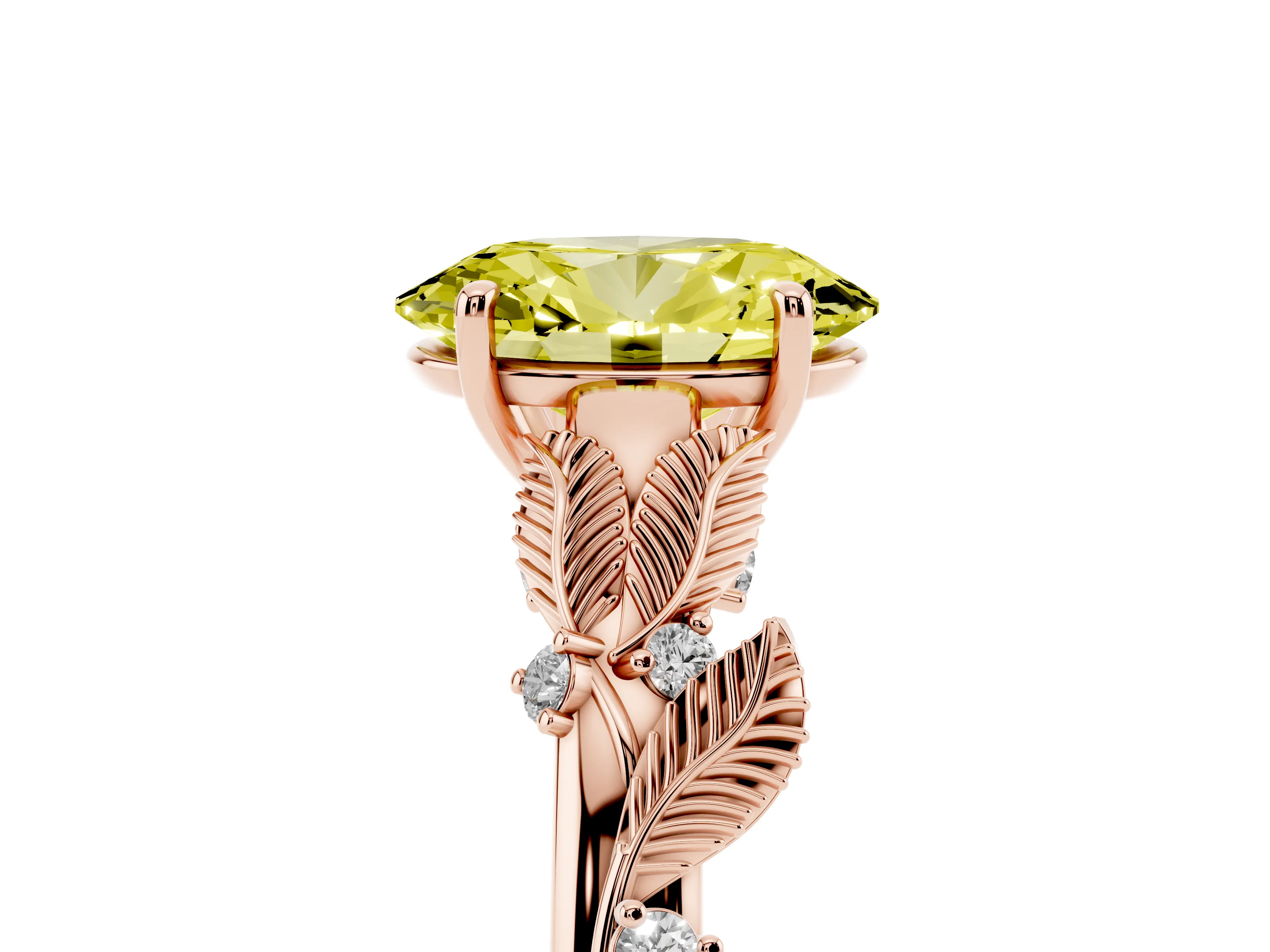 Fancy Yellow Oval Cut Diamond Solitaire Ring Set in Rose gold with Leaf Motif Band