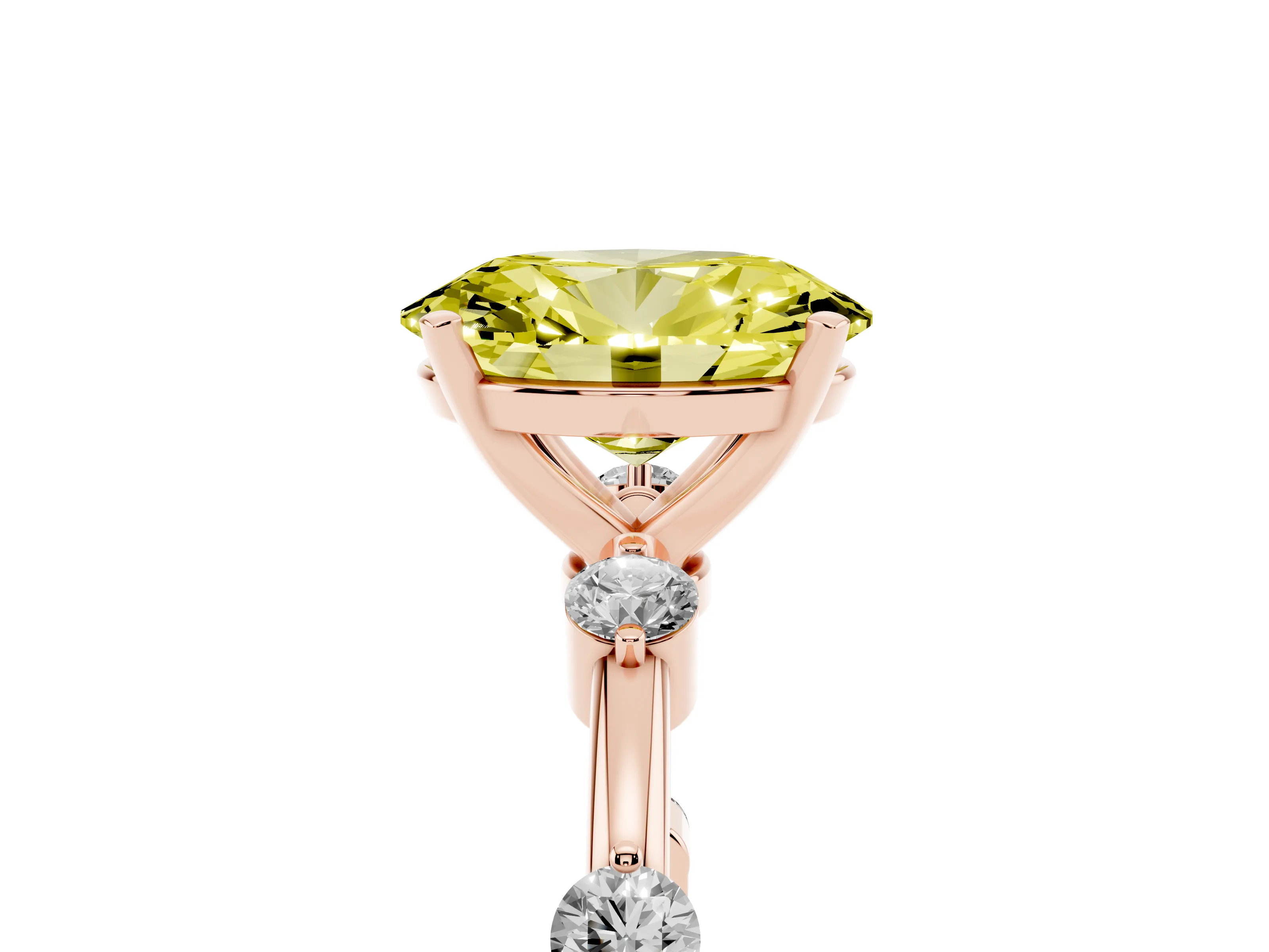 Fancy Yellow Oval Cut Diamond Solitaire Ring Set in Rose gold with Bezel Set Side Stones and Prong Setting
