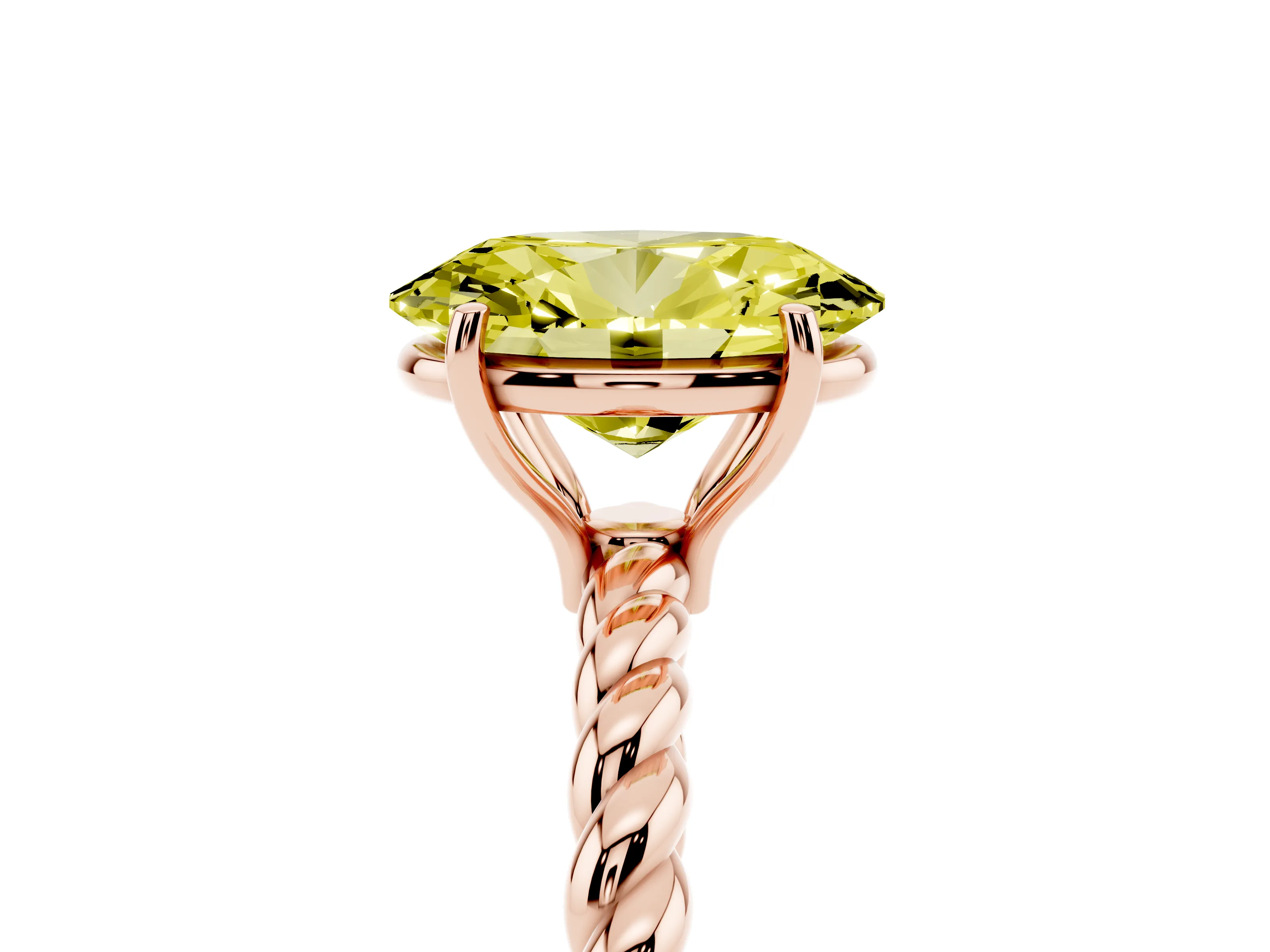 Fancy Yellow Oval Cut Diamond Solitaire Twisted Band Ring Set in Rose gold with Prong Solitaire Setting