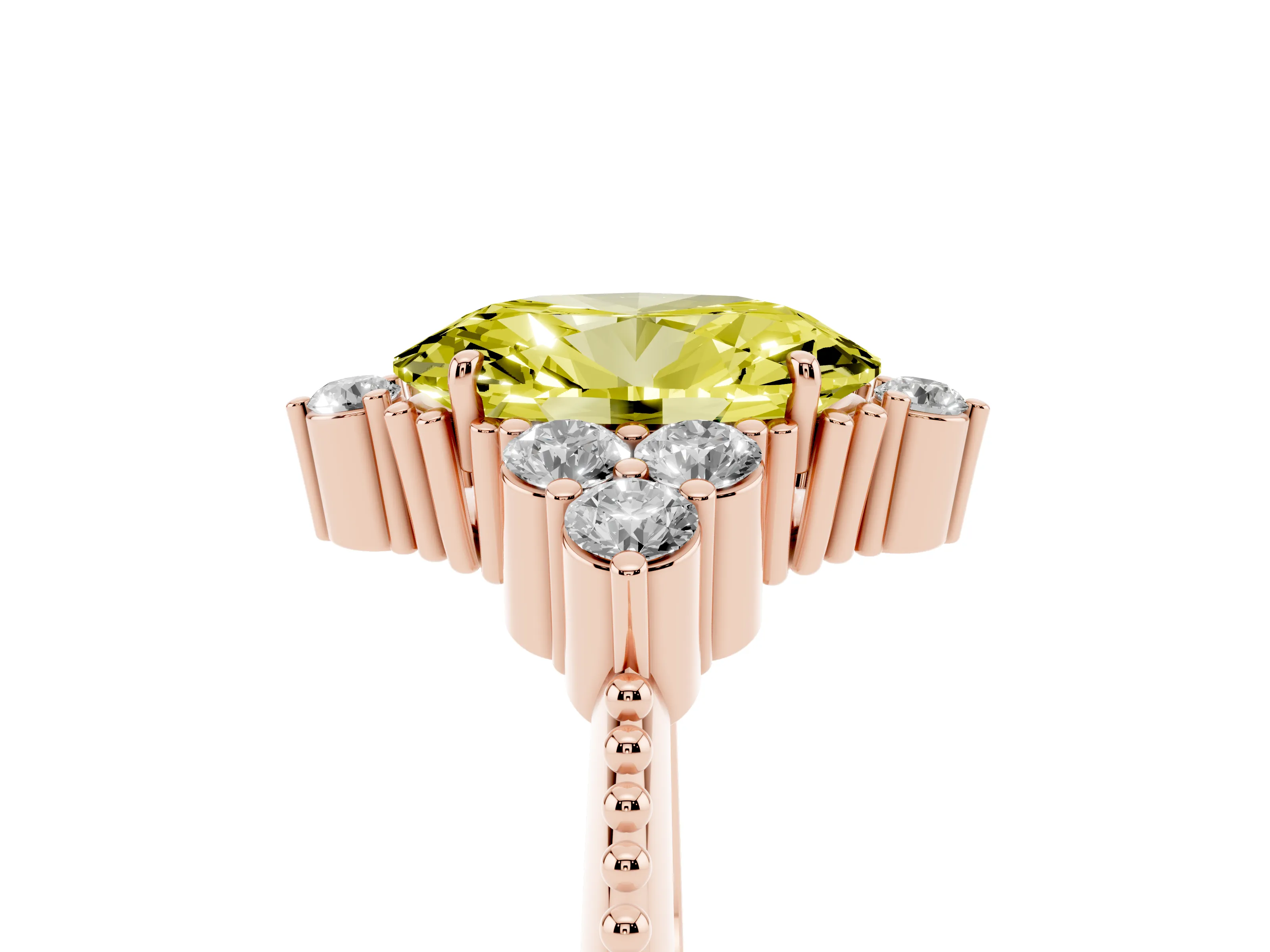 Fancy Yellow Oval Cut Diamond Cluster Ring Set in Rose gold with Beaded Band