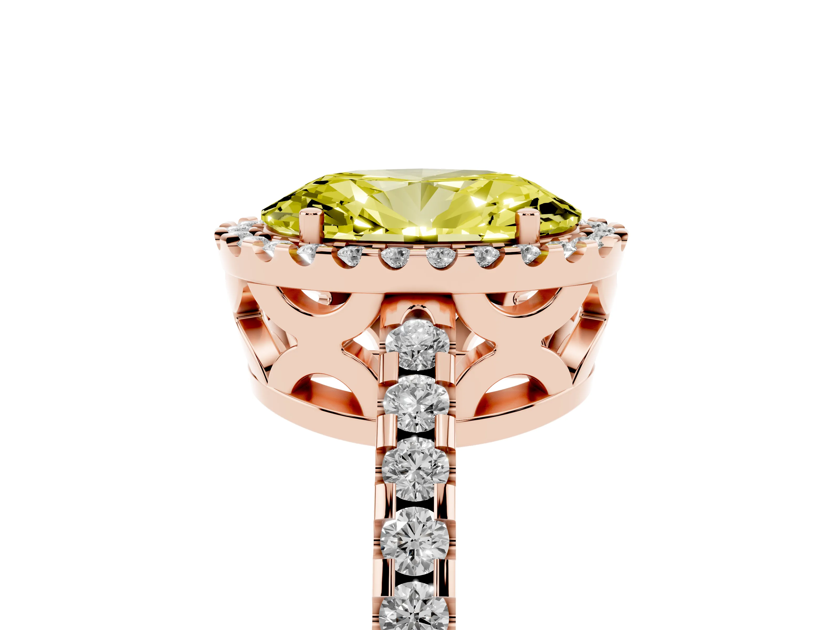 Fancy Yellow Oval Cut Diamond Halo Ring Set in Rose gold with Pavé Shoulders and Halo-Framed Center
