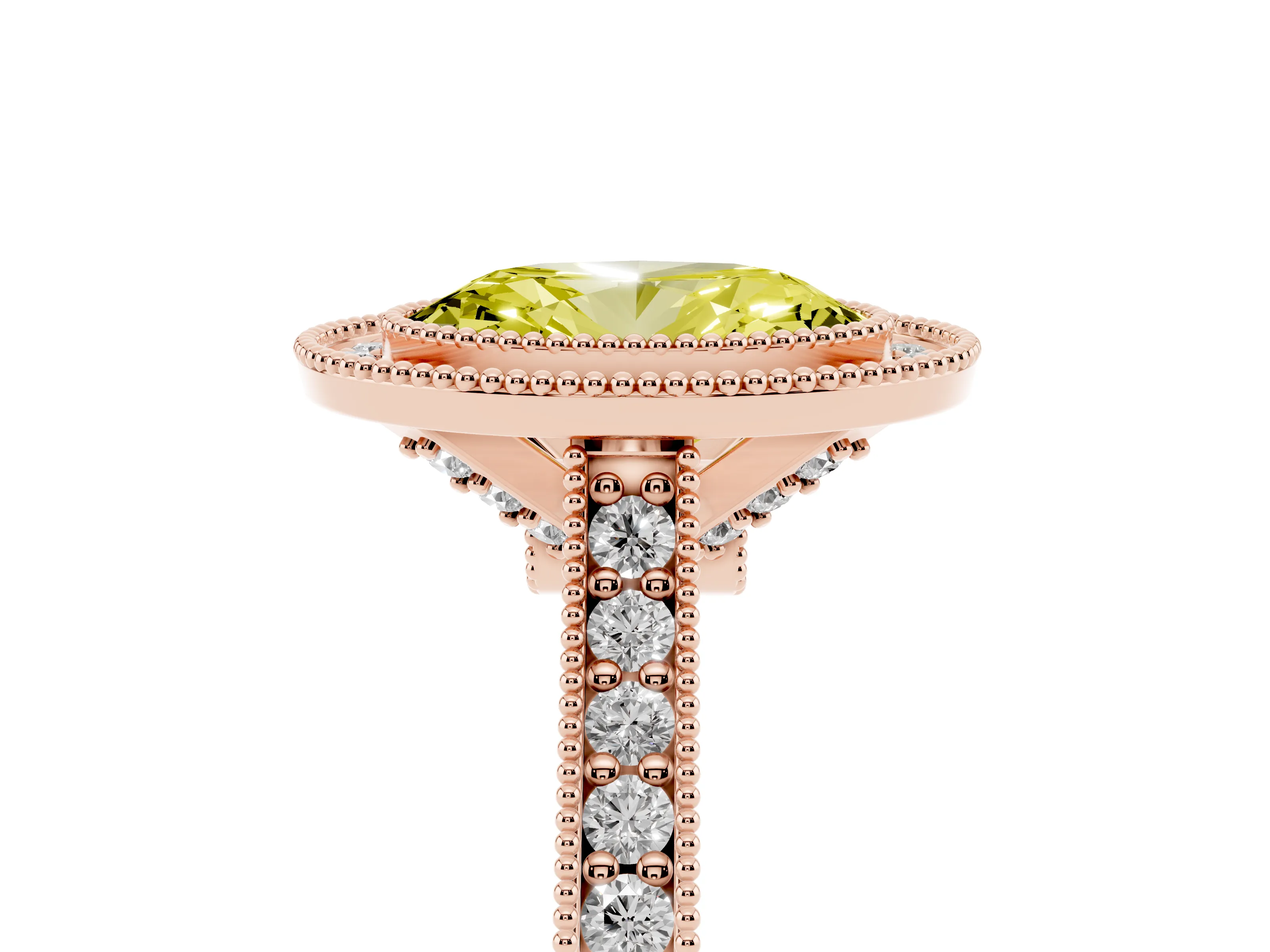 Fancy Yellow Oval Cut Diamond Halo Milgrain Pavé Band Ring Set in Rose gold with Prong Setting