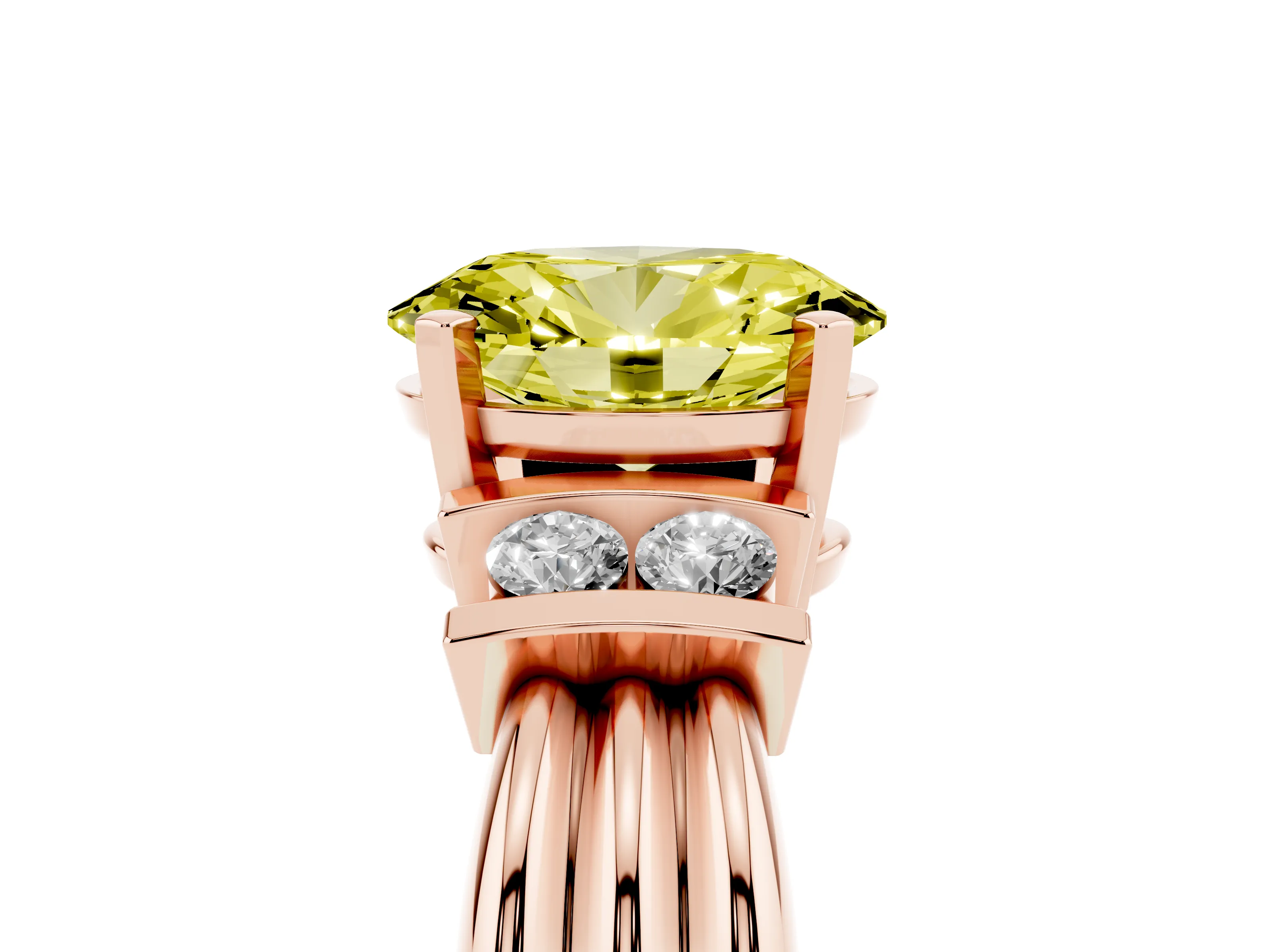 Fancy Yellow Three-Stone Oval Cut Diamond Channel Set Ring Set in Rose gold with Bar Prongs