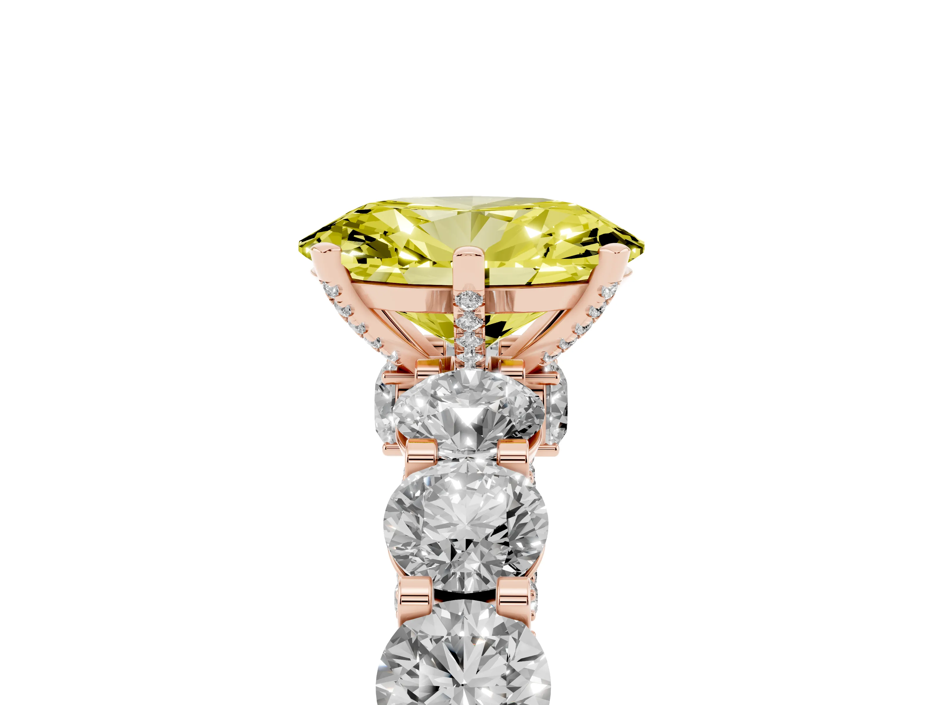 Fancy Yellow Oval Cut Diamond Side Stone Ring Set in Rose gold with Alternating Round and Oval Side Stones