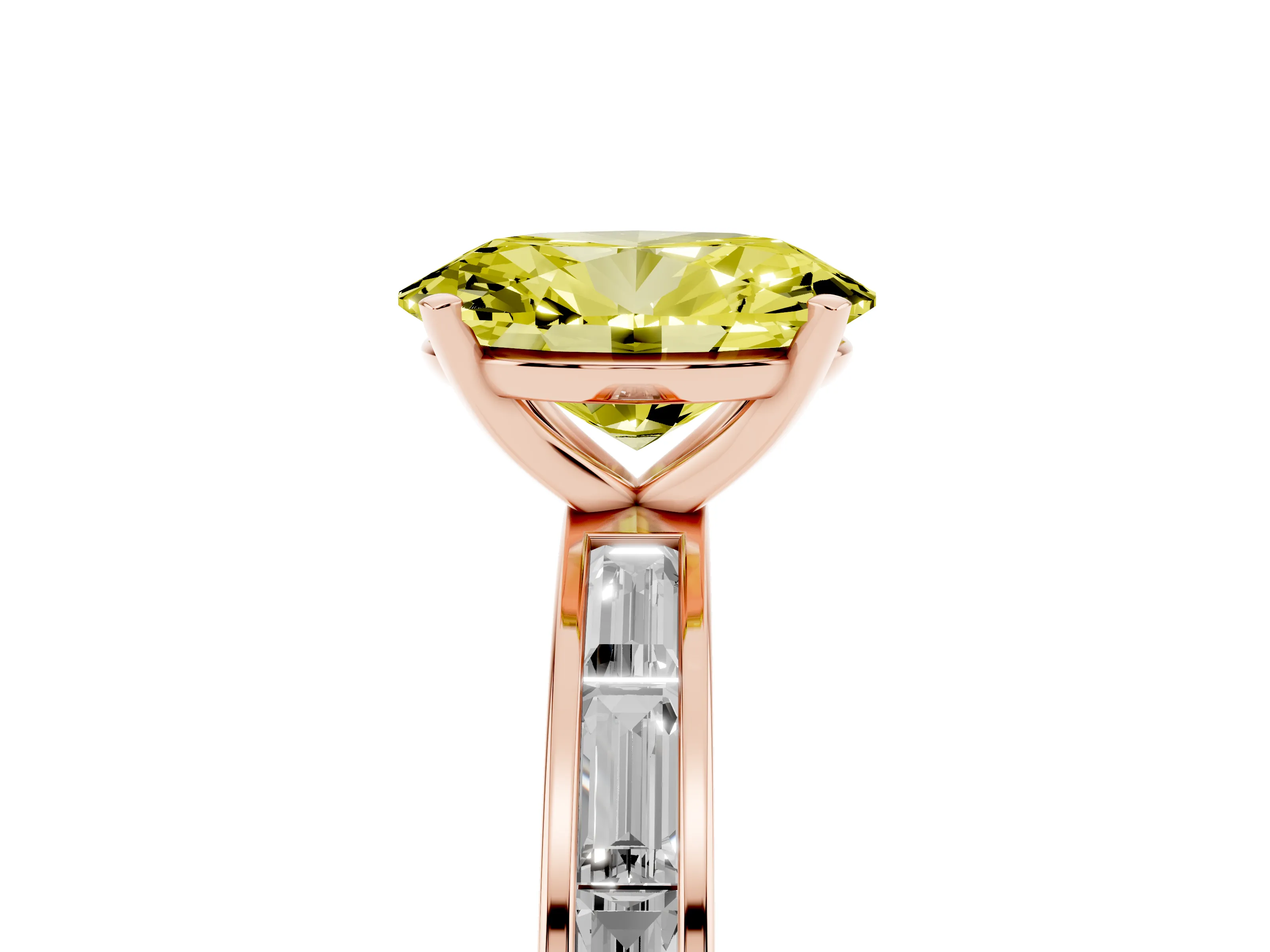 Fancy Yellow Oval Cut Diamond Solitaire Ring Set in Rose gold with Channel-Set Baguette Band and Prong Setting