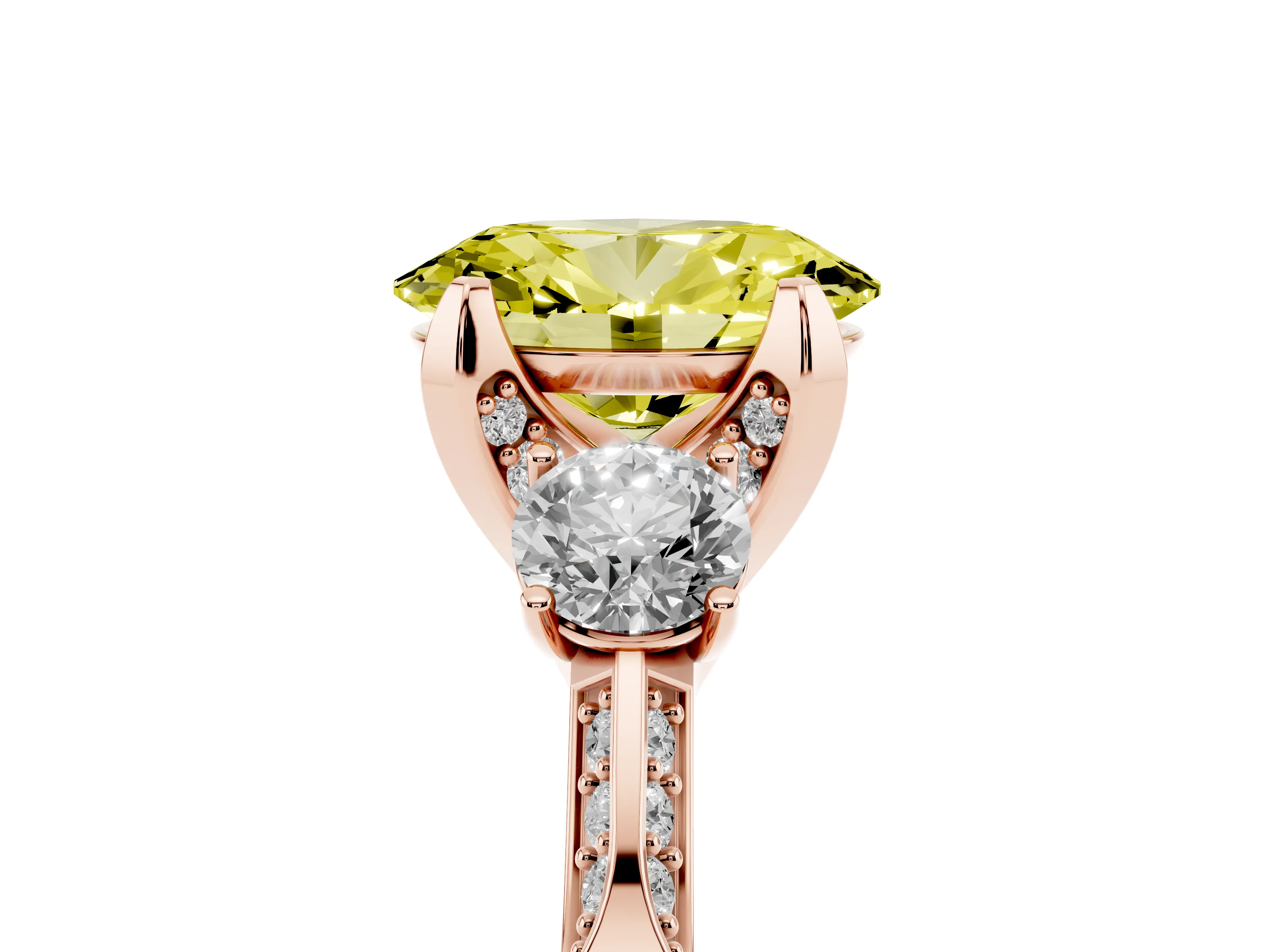 Fancy Yellow Oval Cut Diamond Three-Stone Ring Set in Rose gold with Pavé Band and Smaller Side Stones