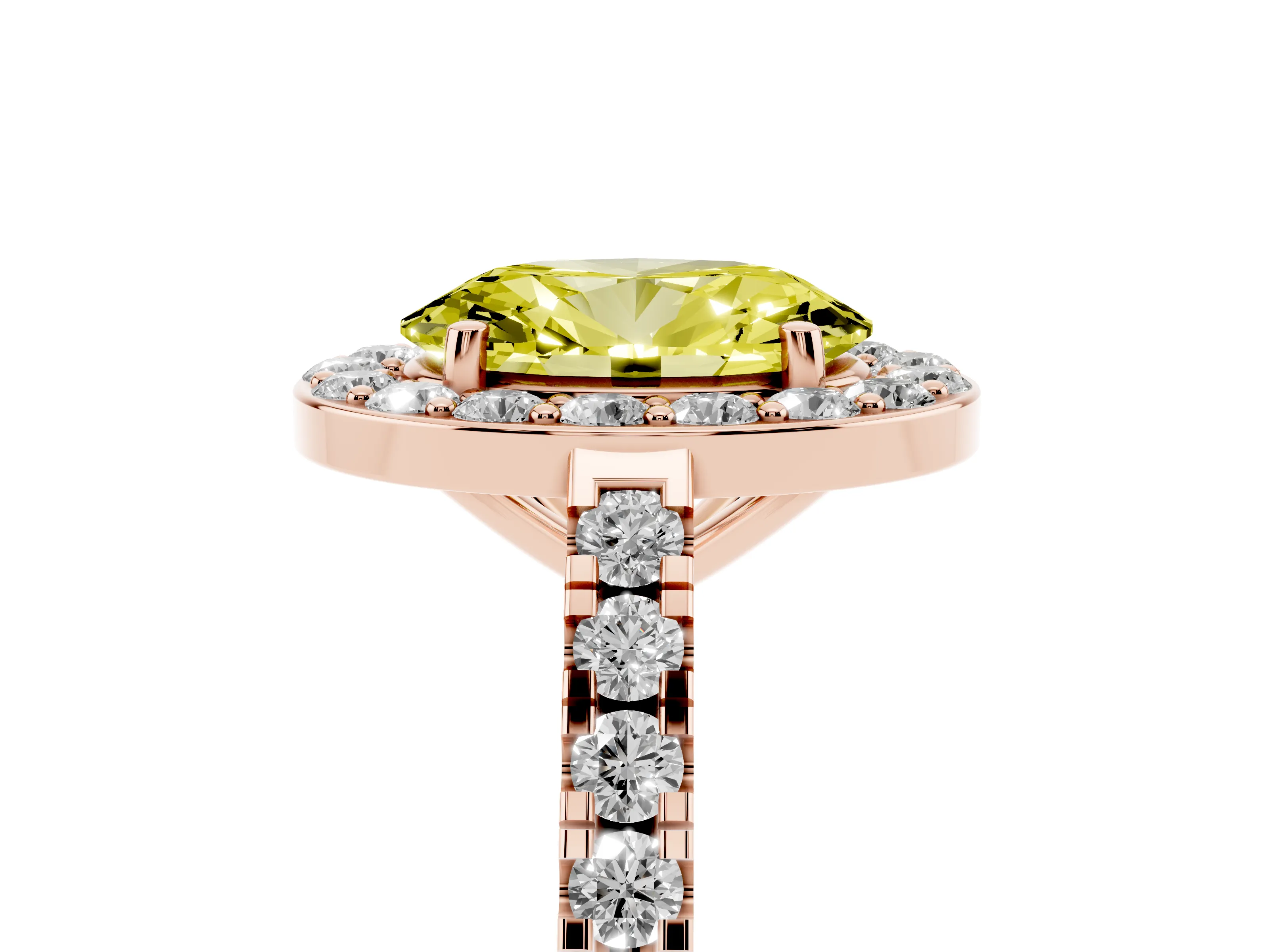 Fancy Yellow Oval Cut Diamond Halo Ring Set in Rose gold with Round Pavé Split Shank and Prong Setting
