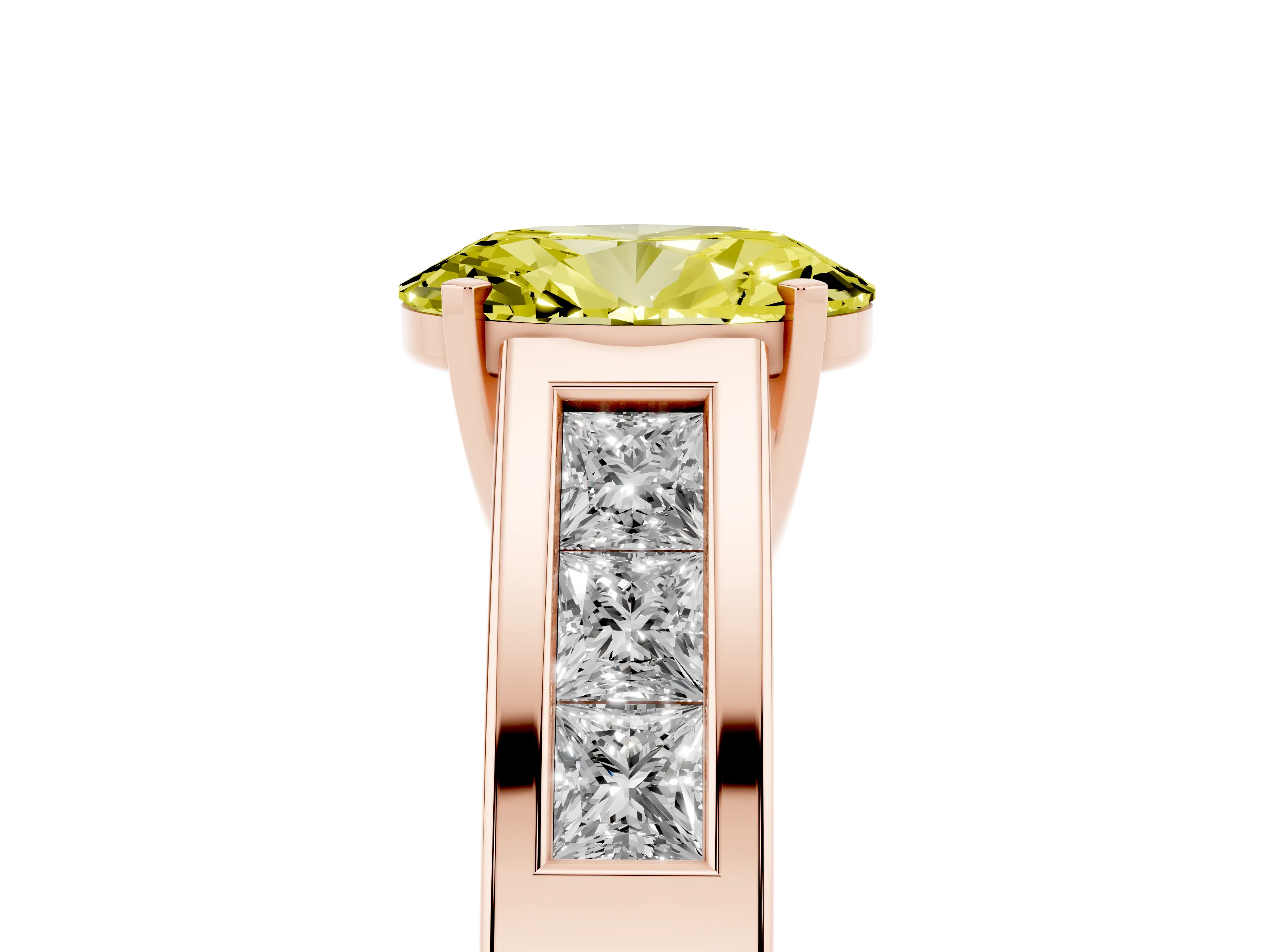 Fancy Yellow Oval Cut Diamond Solitaire Ring Set in Rose gold with Channel-Set Accent Stones and Prong Setting