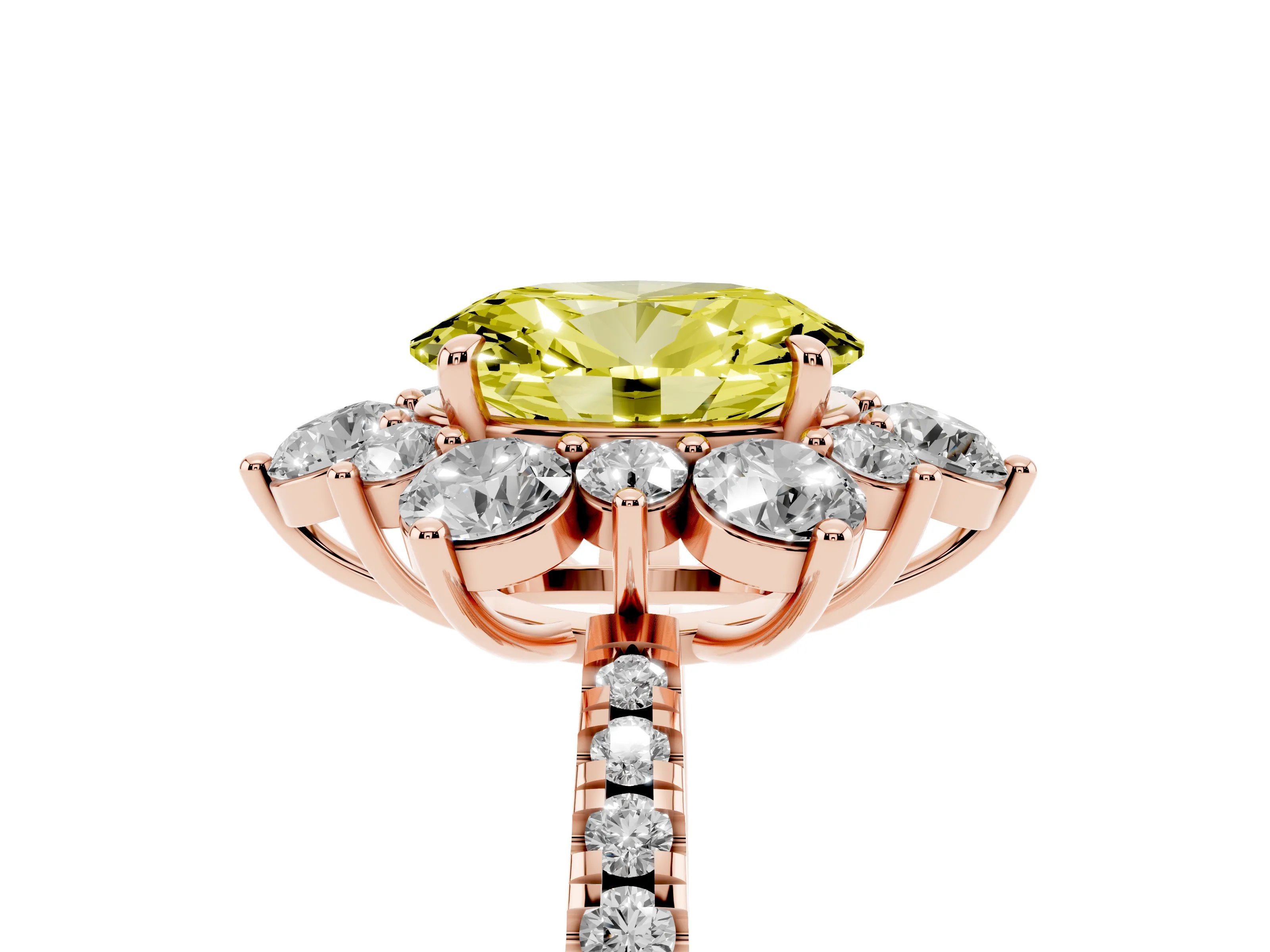 Fancy Yellow Oval Cut Diamond Floral Halo Ring Set in Rose gold with Round Pavé Band and Prong Setting