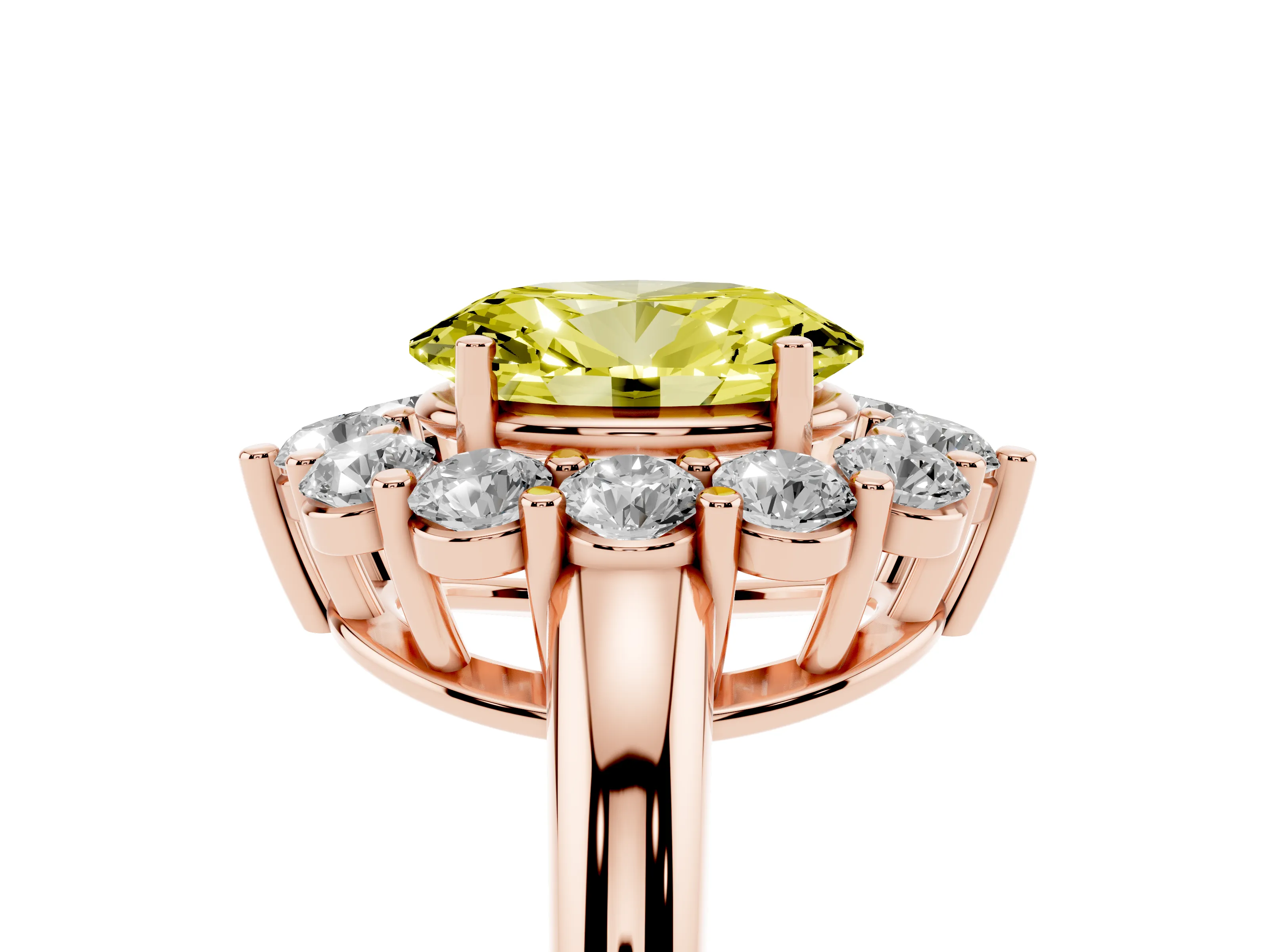 Fancy Yellow Oval Cut Diamond Halo Cluster Engagement Ring Set in Rose gold with Polished Band and Prong Setting