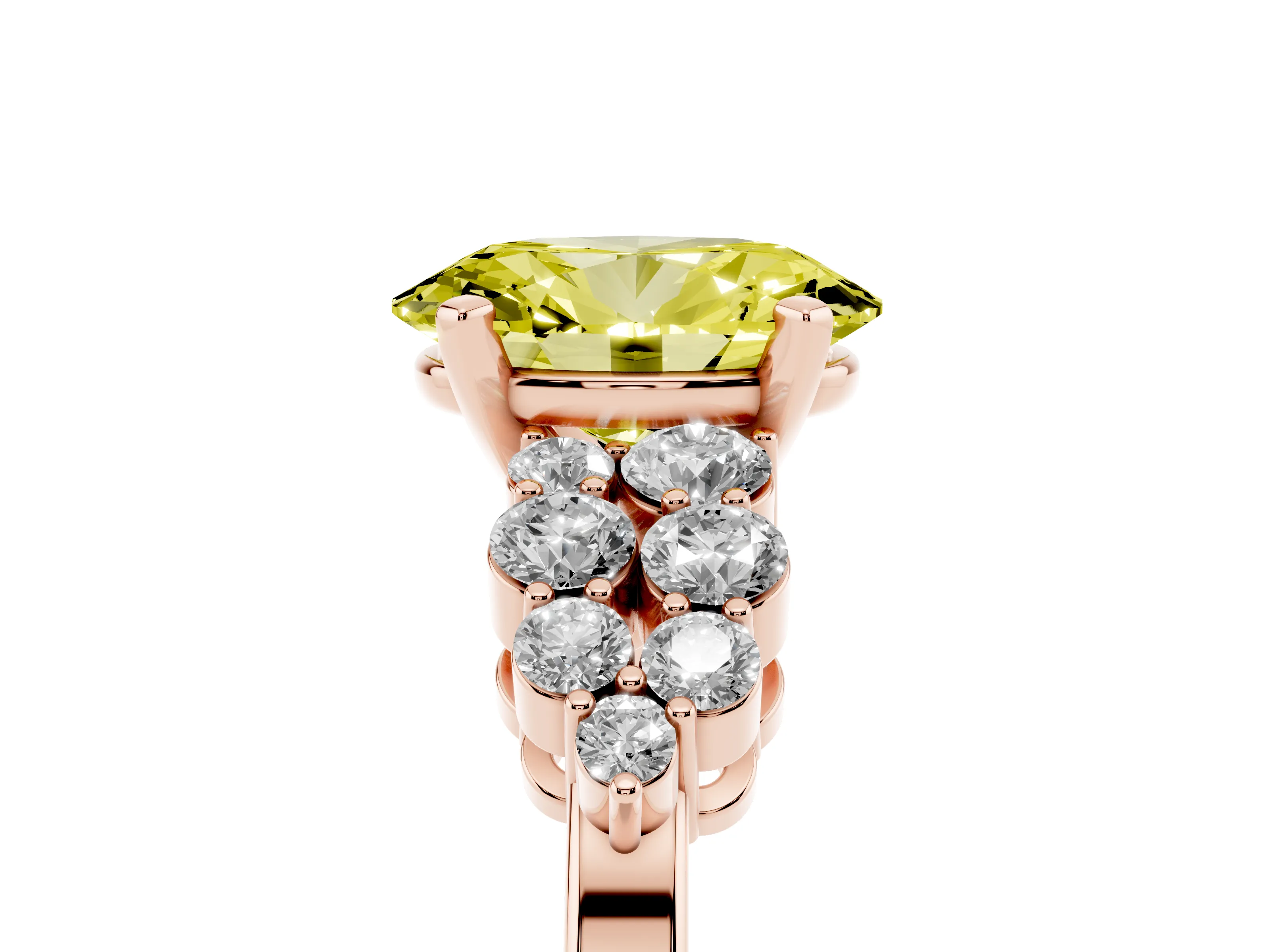 Fancy Yellow Oval Cut Diamond Cluster Engagement Ring Set in Rose gold with Pavé Band and Prong Setting