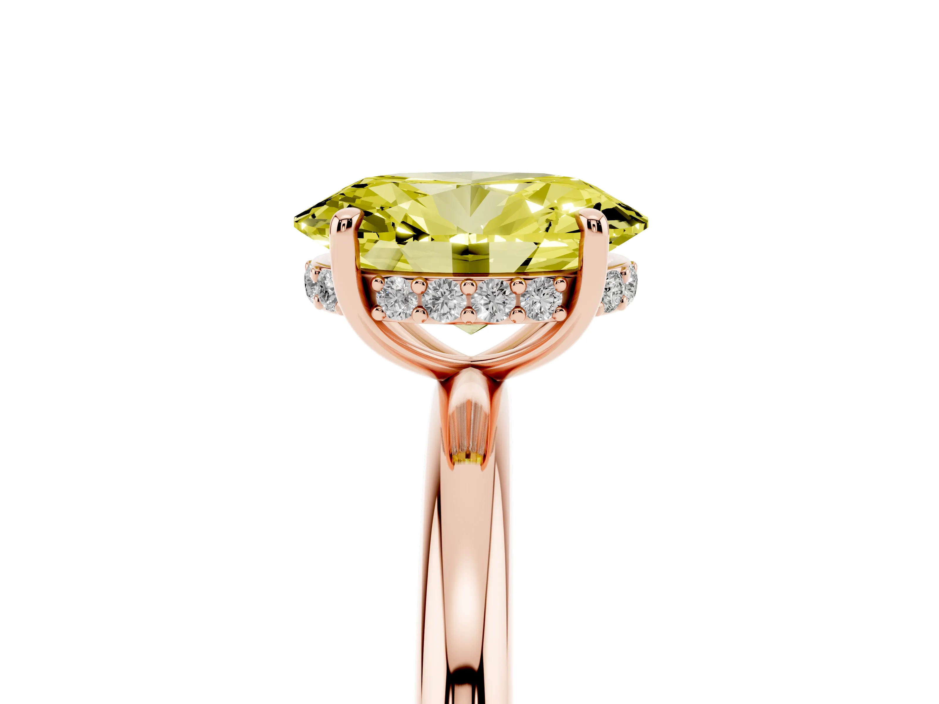 Fancy Yellow Oval Cut Diamond Solitaire Ring Set in Rose gold with Thin Band and Prong Setting
