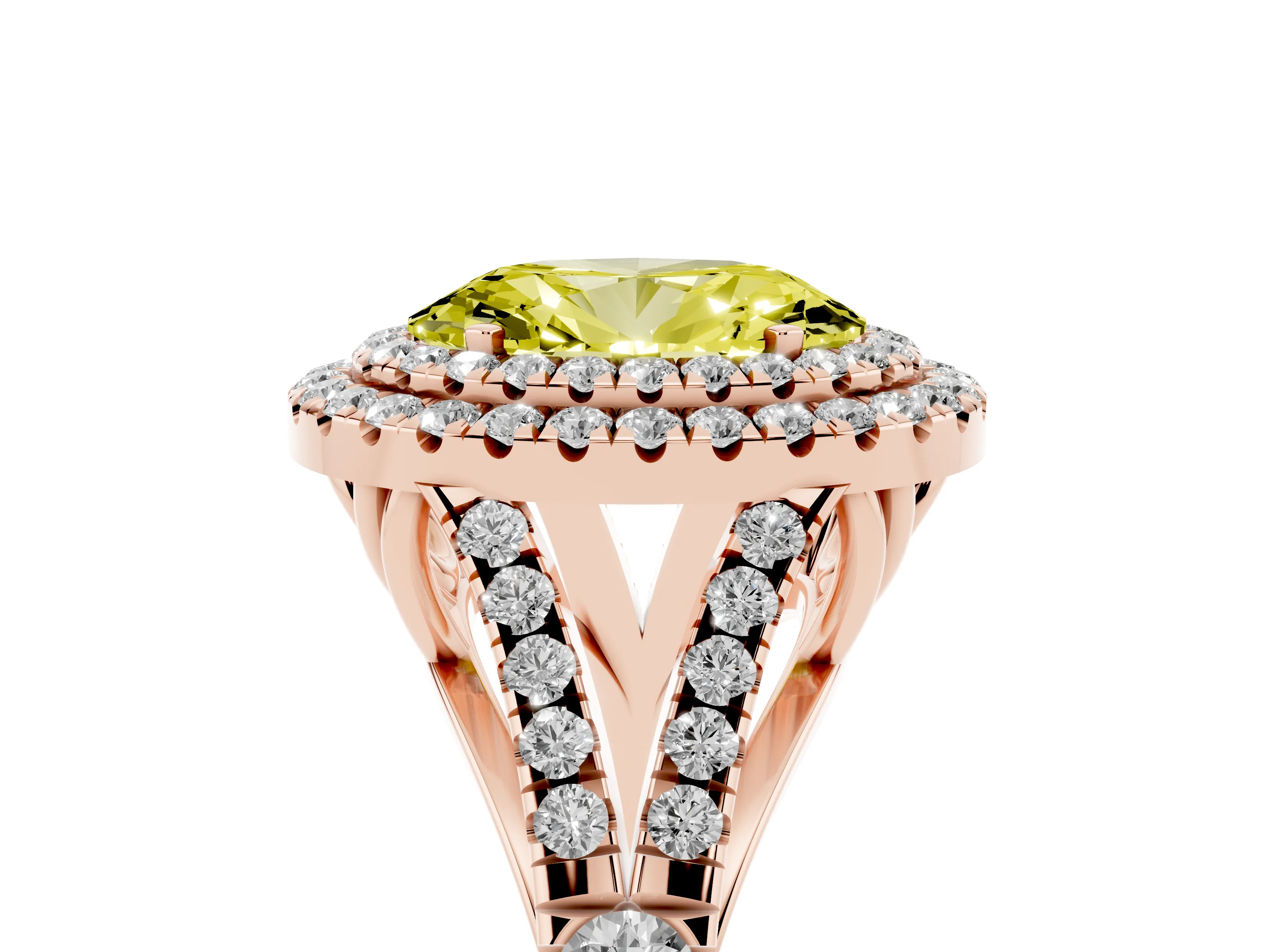 Fancy Yellow Oval Cut Diamond Pavé Split Shank Double Halo Engagement Ring Set in Rose gold