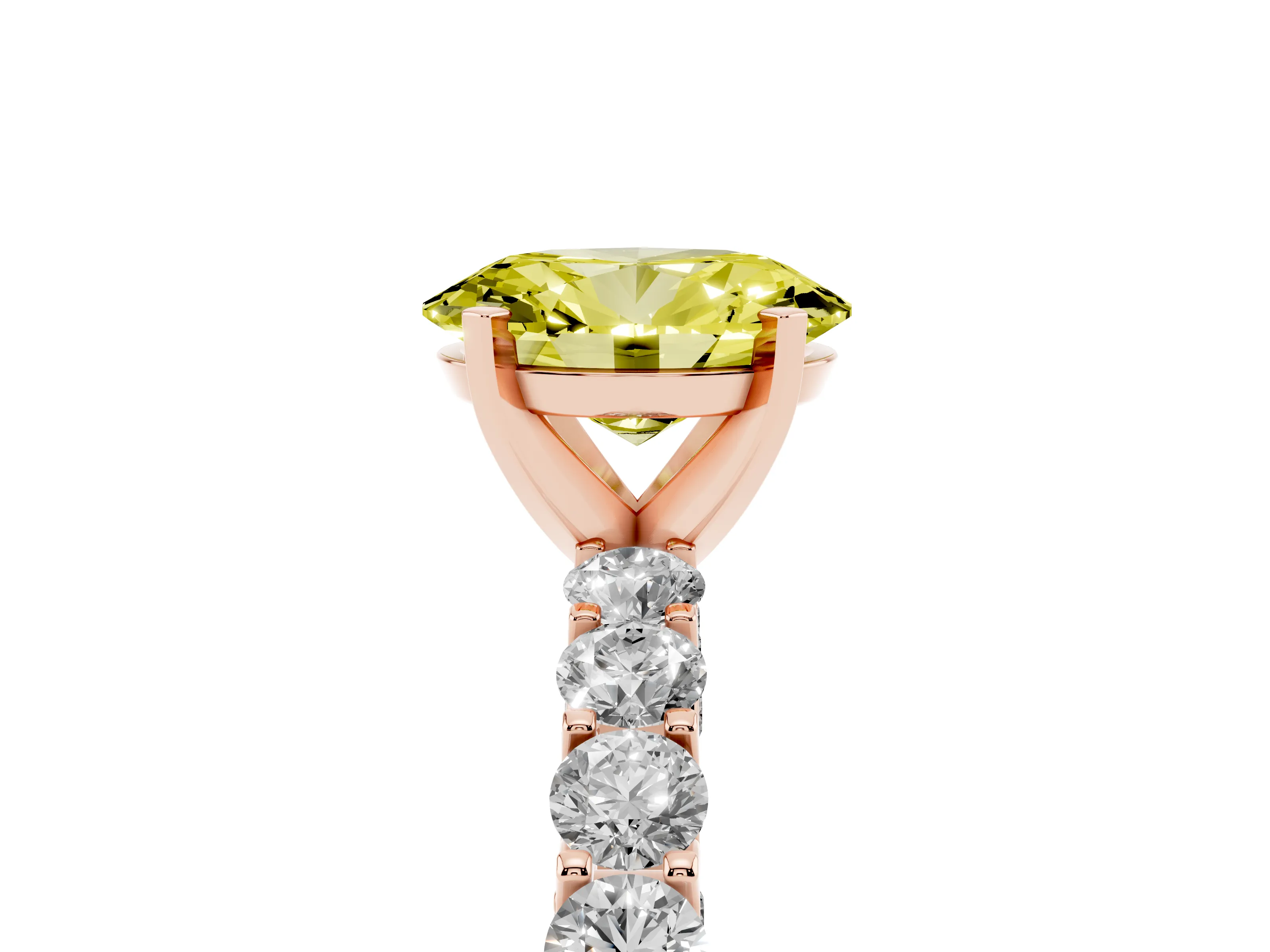 Fancy Yellow Oval Cut Diamond Solitaire Ring Set in Rose gold with Shared Prong Pavé Band