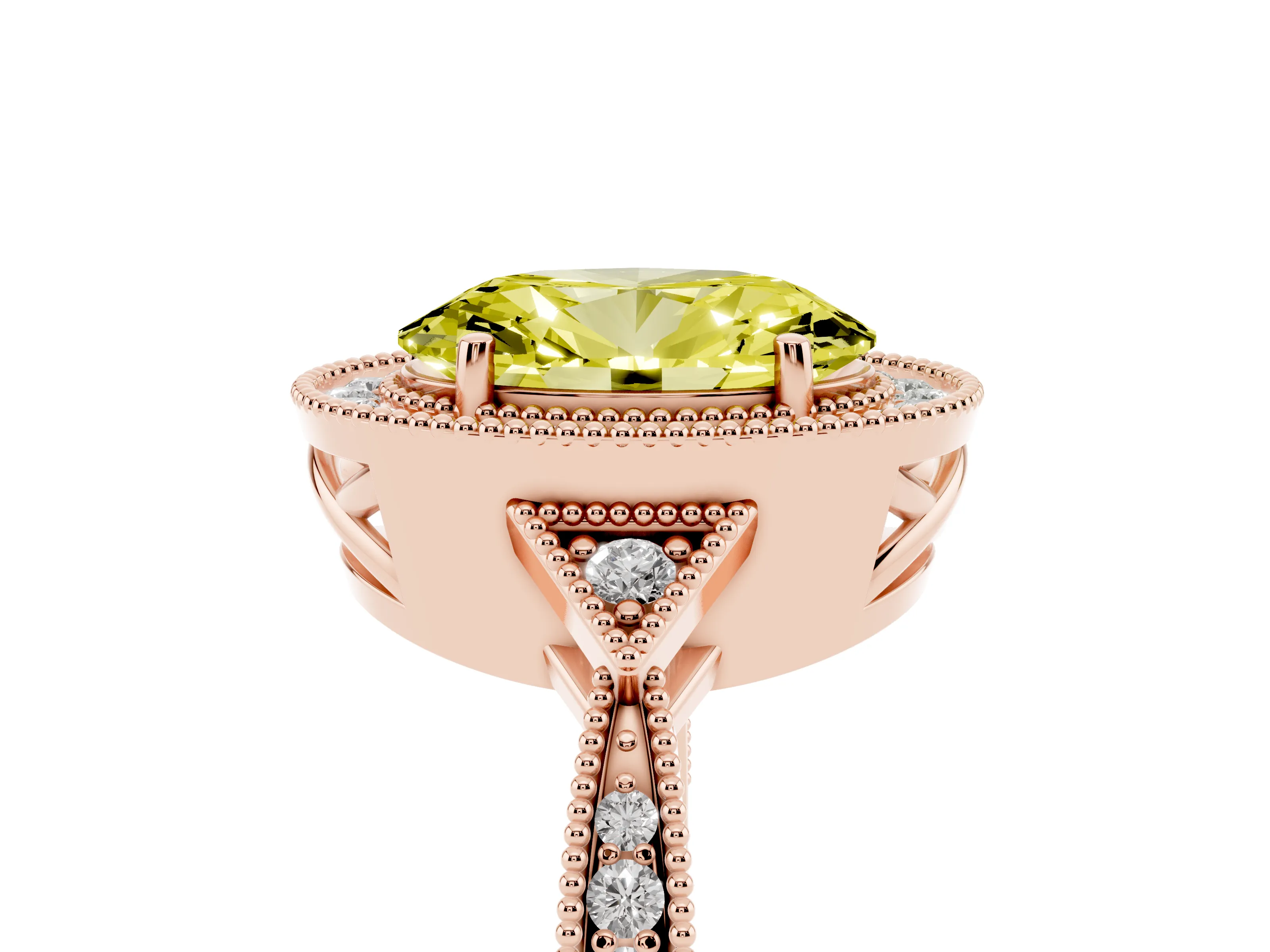 Fancy Yellow Oval Cut Diamond Halo Engagement Ring Set in Rose gold with Milgrain Pavé Band
