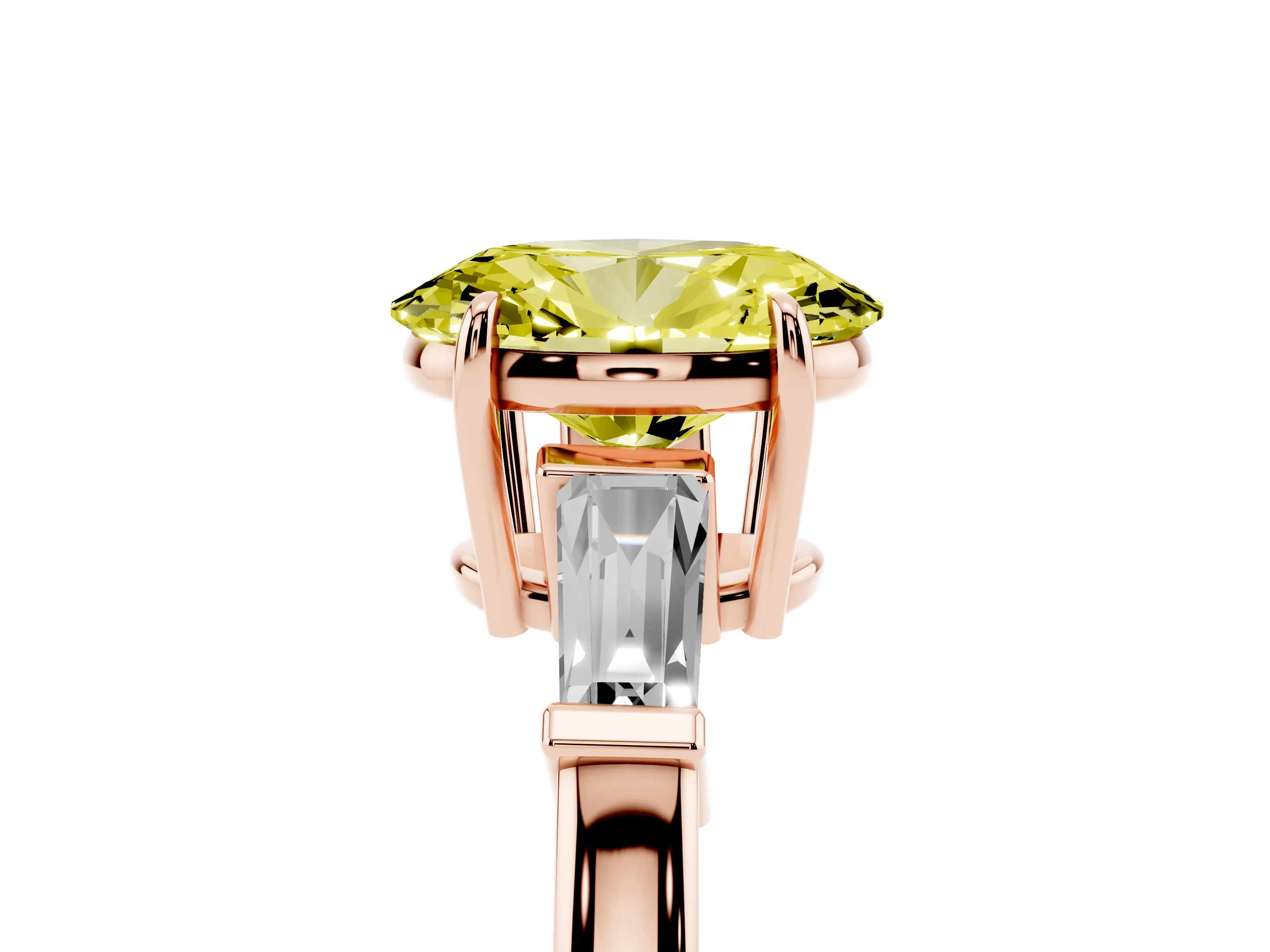 Fancy Yellow Oval Cut Diamond Three-Stone Ring Set in Rose gold with Tapered Baguette Side Stones and Prong Setting