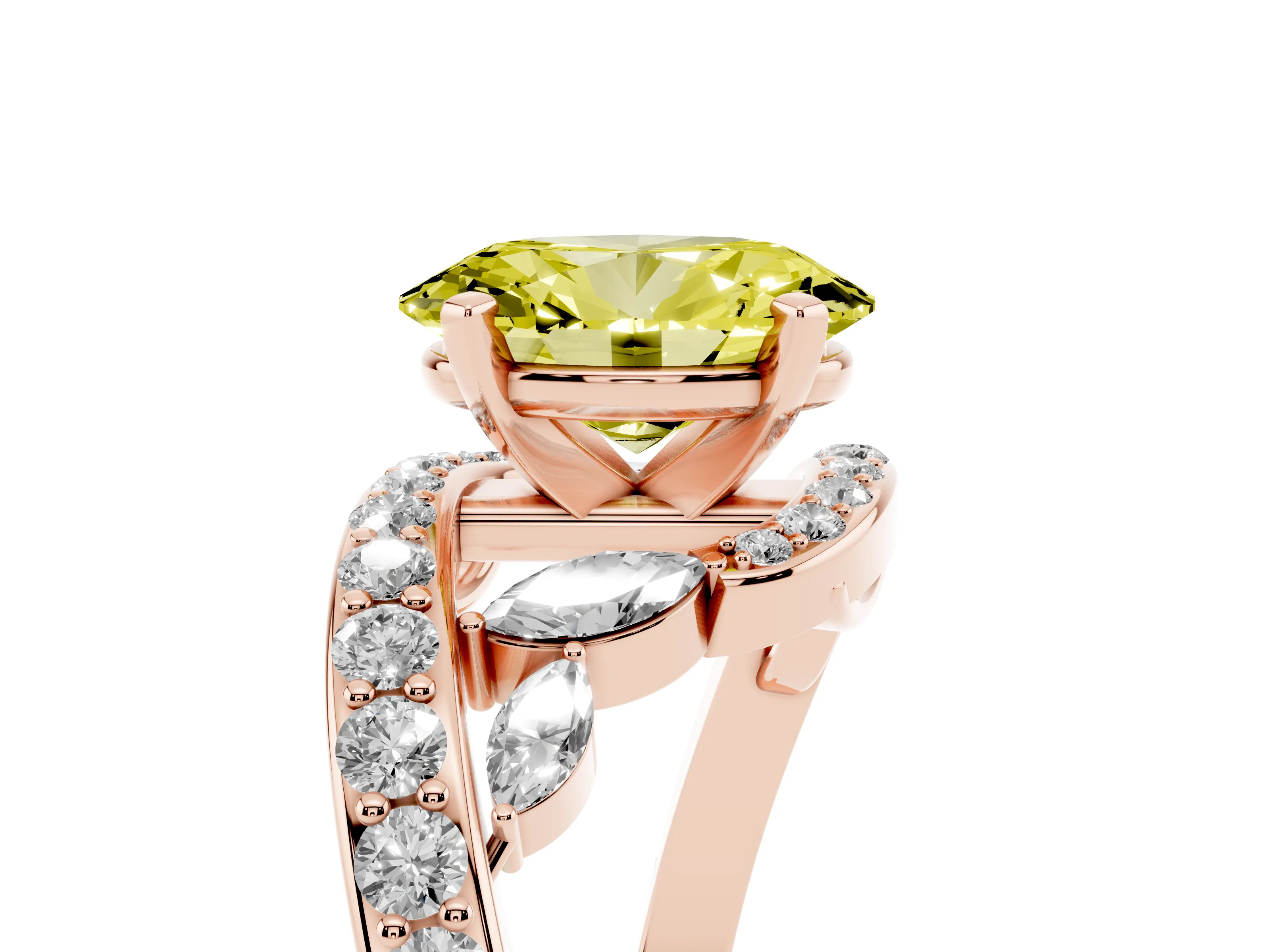 Fancy Yellow Oval Cut Diamond Solitaire Ring Set in Rose gold with Pavé Twist Band and Secure Prong Setting