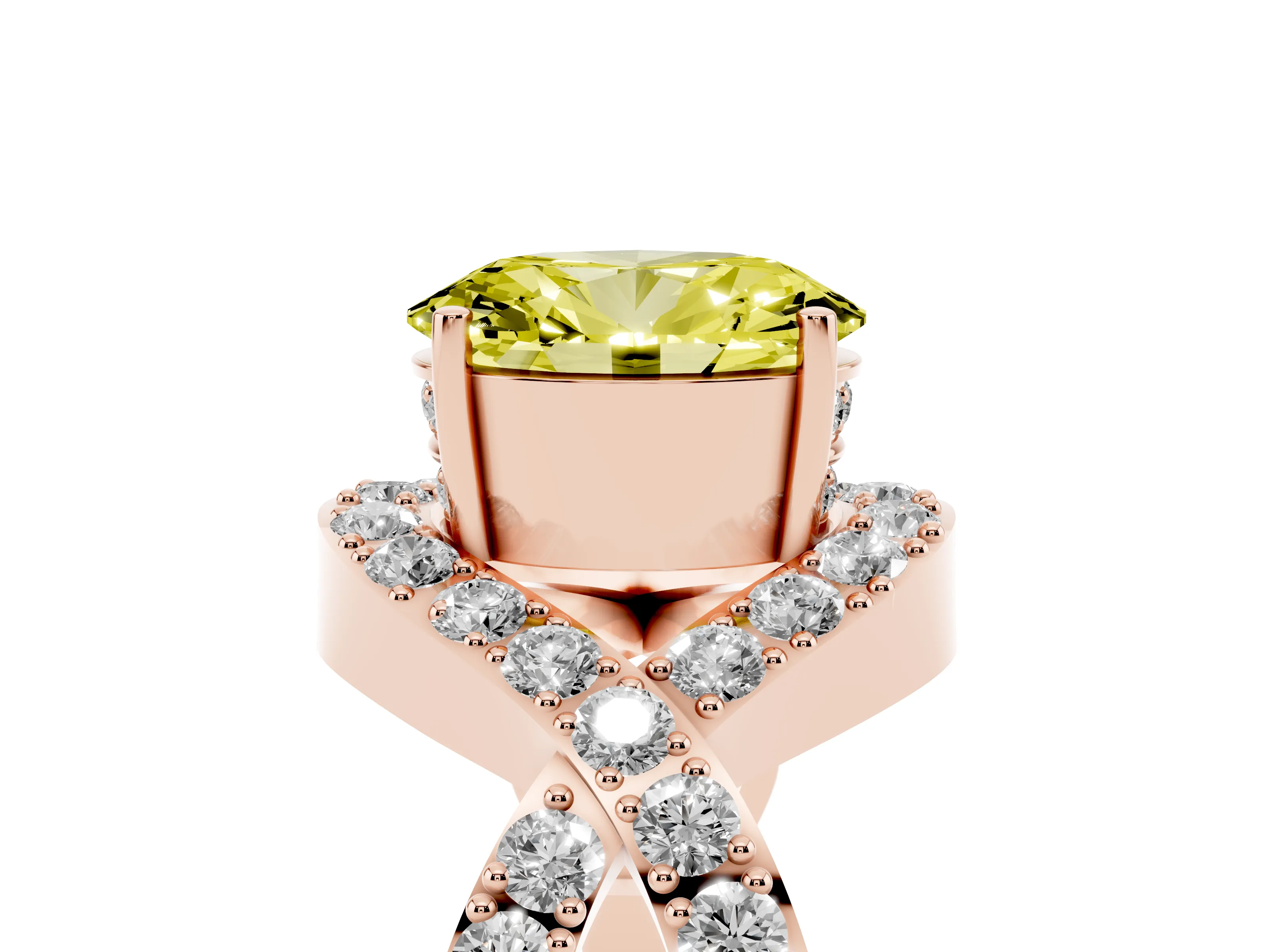 Fancy Yellow Oval Cut Diamond Solitaire Twist Band Pavé Engagement Ring Set in Rose gold