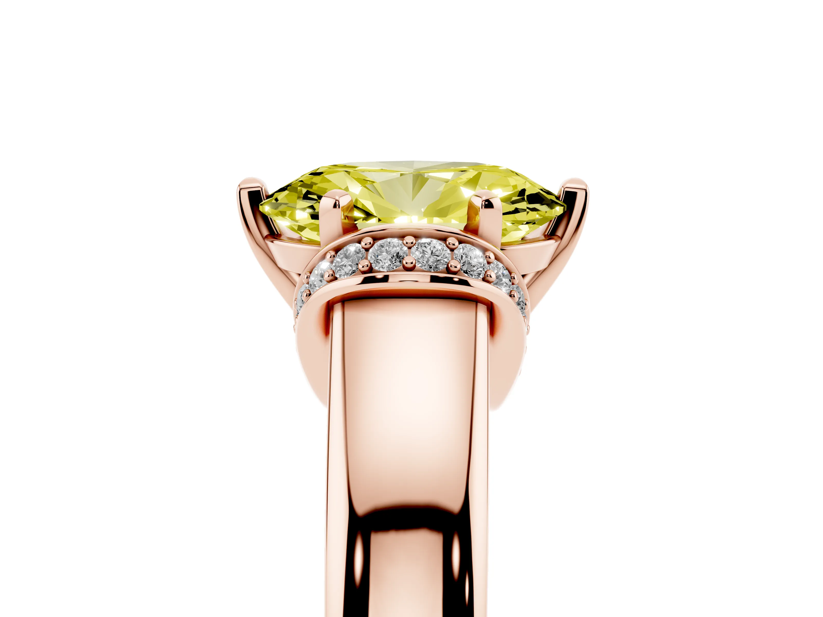 Fancy Yellow Oval Cut Diamond Pavé Band Solitaire Ring Set in Rose gold with Prong Setting