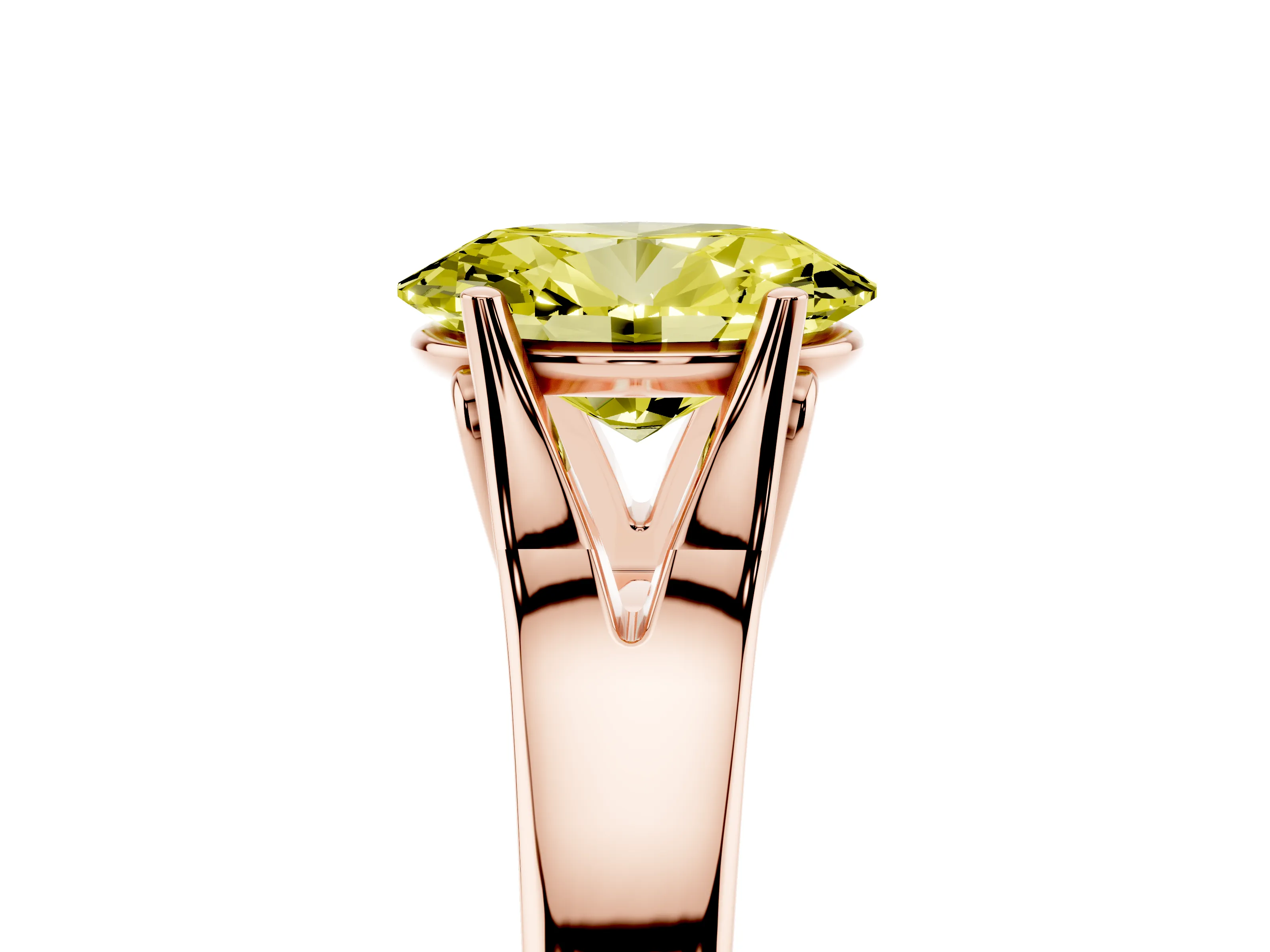 Fancy Yellow Oval Cut Diamond Solitaire Ring Set in Rose gold with Arched Cathedral Band and Prong Setting